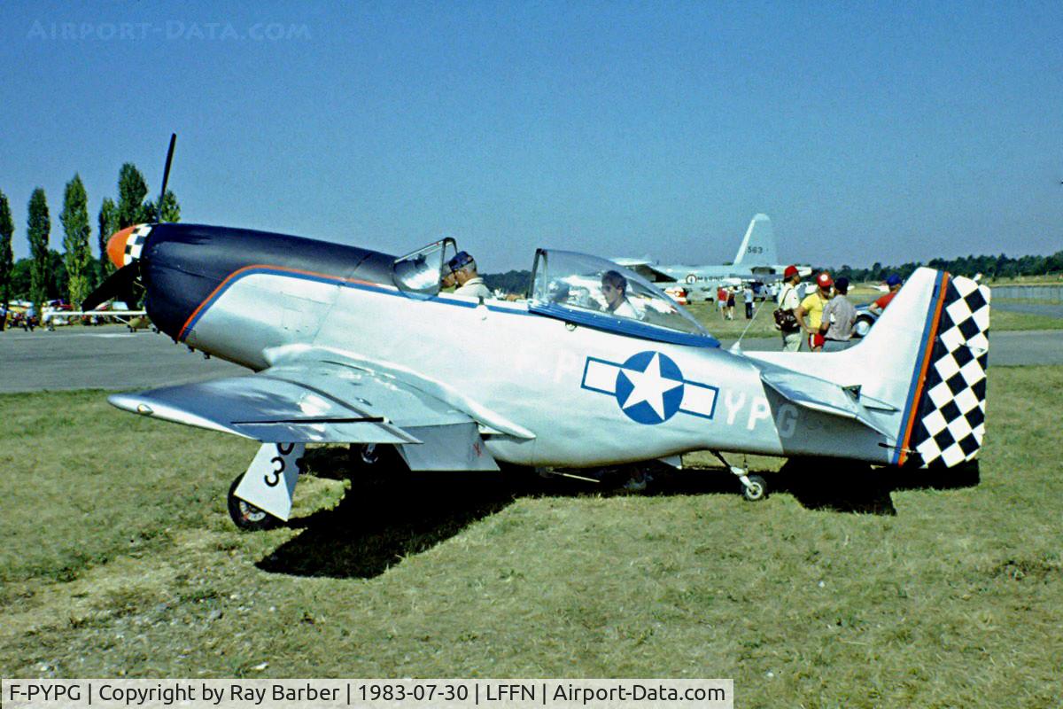 F-PYPG, Jurca MJ-77 Gnatsum  (3/4 Scale NA P-51D Mustang) C/N 03, Jurca MJ.77 Gnatsum [3] Brienne-Le-Chateau~F 30/07/1983. Taken from a slide.