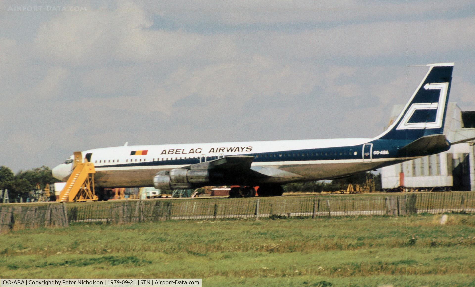OO-ABA, 1964 Boeing 707-351C C/N 18746, Boeing 707-351C of Abelag Airways as seen at Stansted in September 1979.