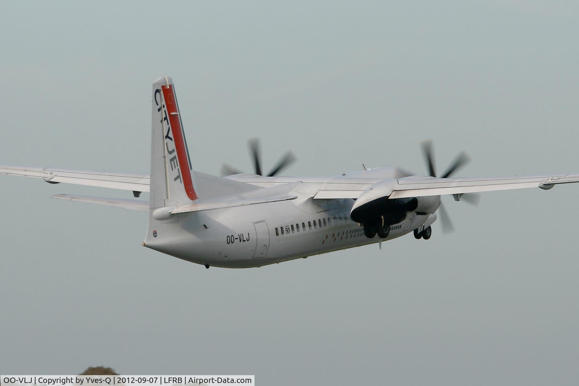 OO-VLJ, 1987 Fokker 50 C/N 20105, Fokker 50, take off Rwy 07R, Brest-Bretagne Airport (LFRB-BES)