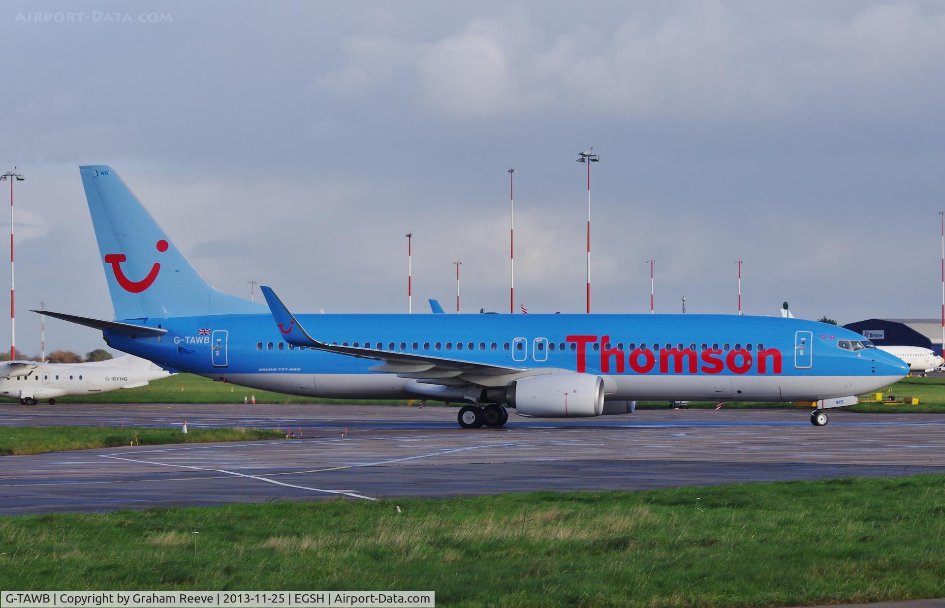 G-TAWB, 2012 Boeing 737-8K5 C/N 37242, Just landed.
