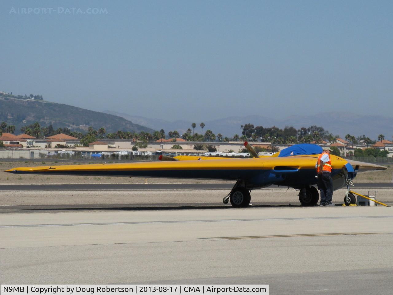 N9MB, 1945 Northrop N9M C/N 04, 1945 Northrop FLYING WING N9M, two Franklin XO-540-7 300 Hp pushers, Restored by Planes of Fame, prototype for XB37 Bomber, two place tandem seating. Jack Northrop's vision. On airshow flight line.