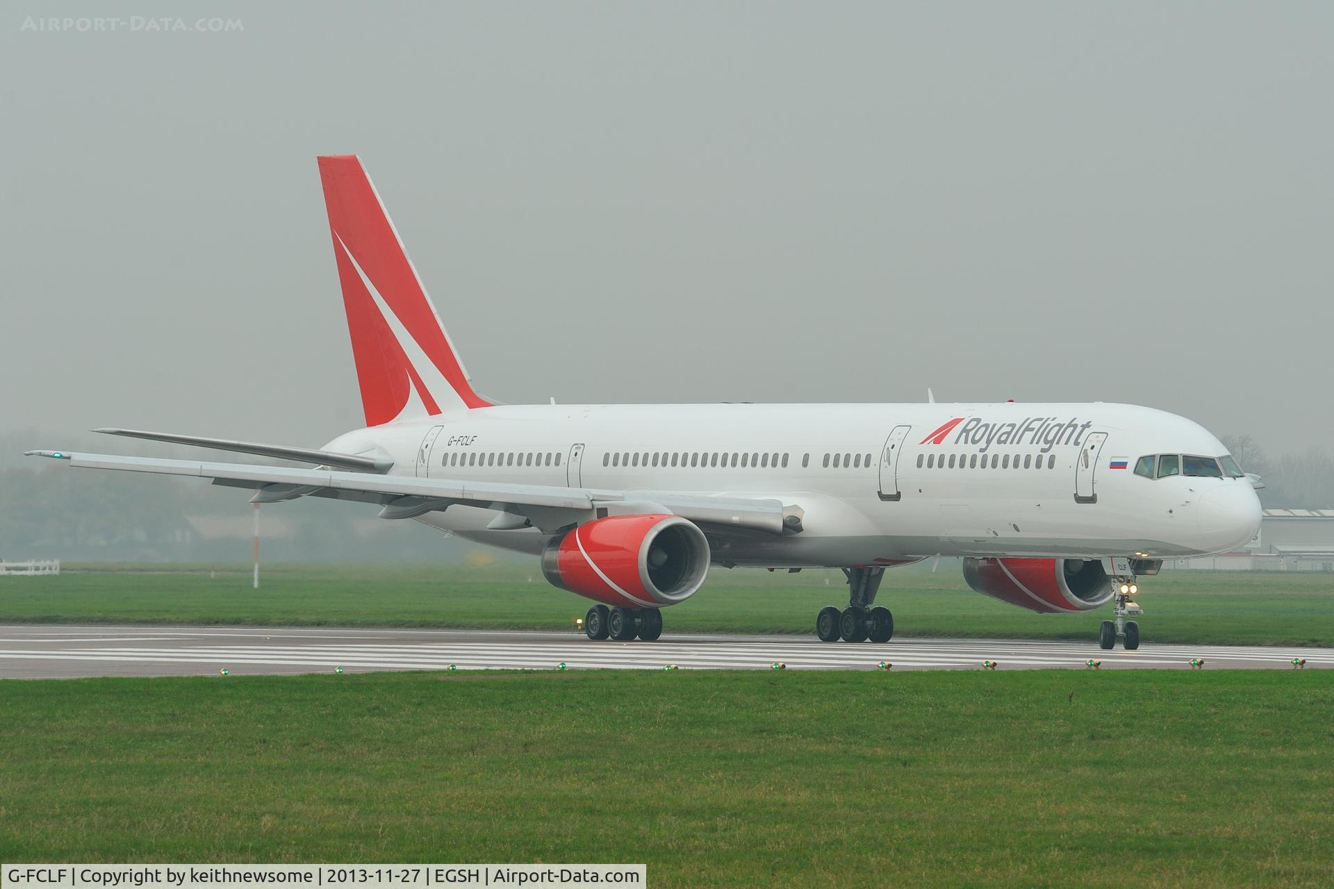 G-FCLF, 1999 Boeing 757-28A C/N 28835, Leaving Norwich in misty conditions !