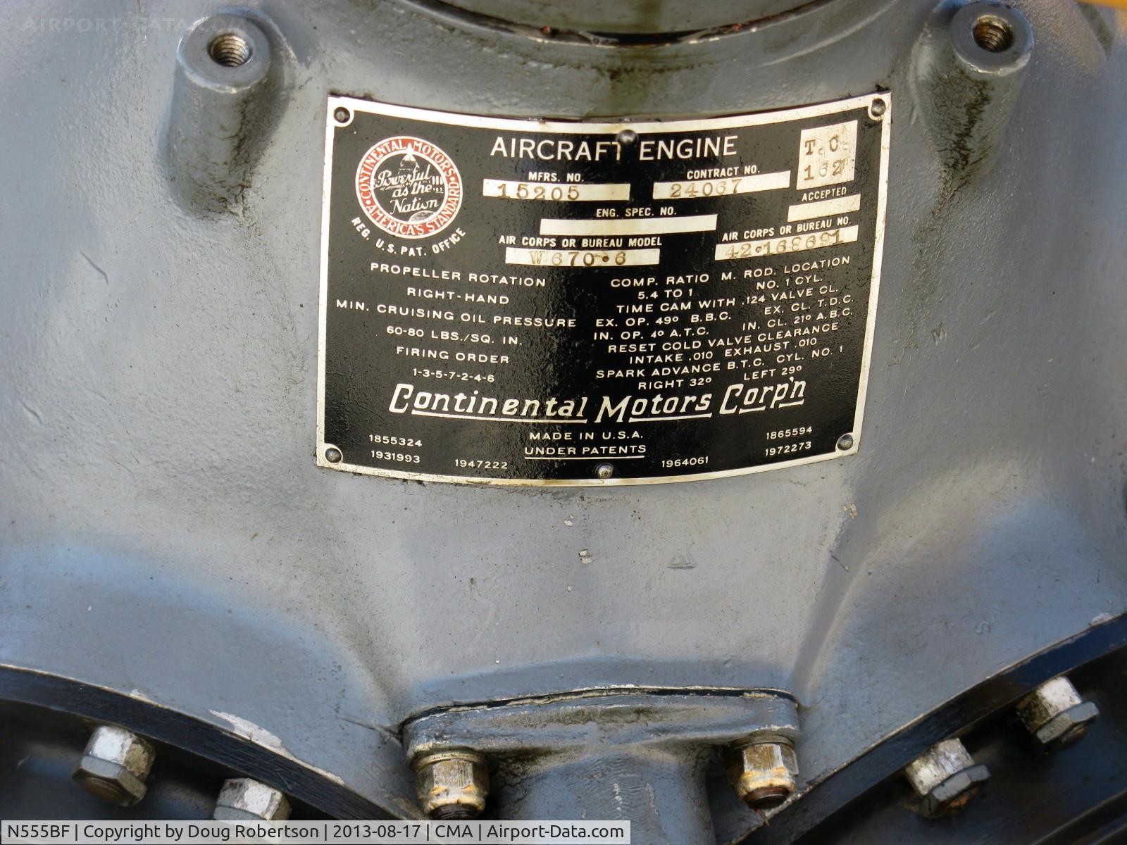 N555BF, 1941 Boeing A75N1(PT17) C/N 75-2305, 1941 Boeing Stearman A75N1 as Navy N2S-4, Continental W670-6 220 hp radial, engine data plate