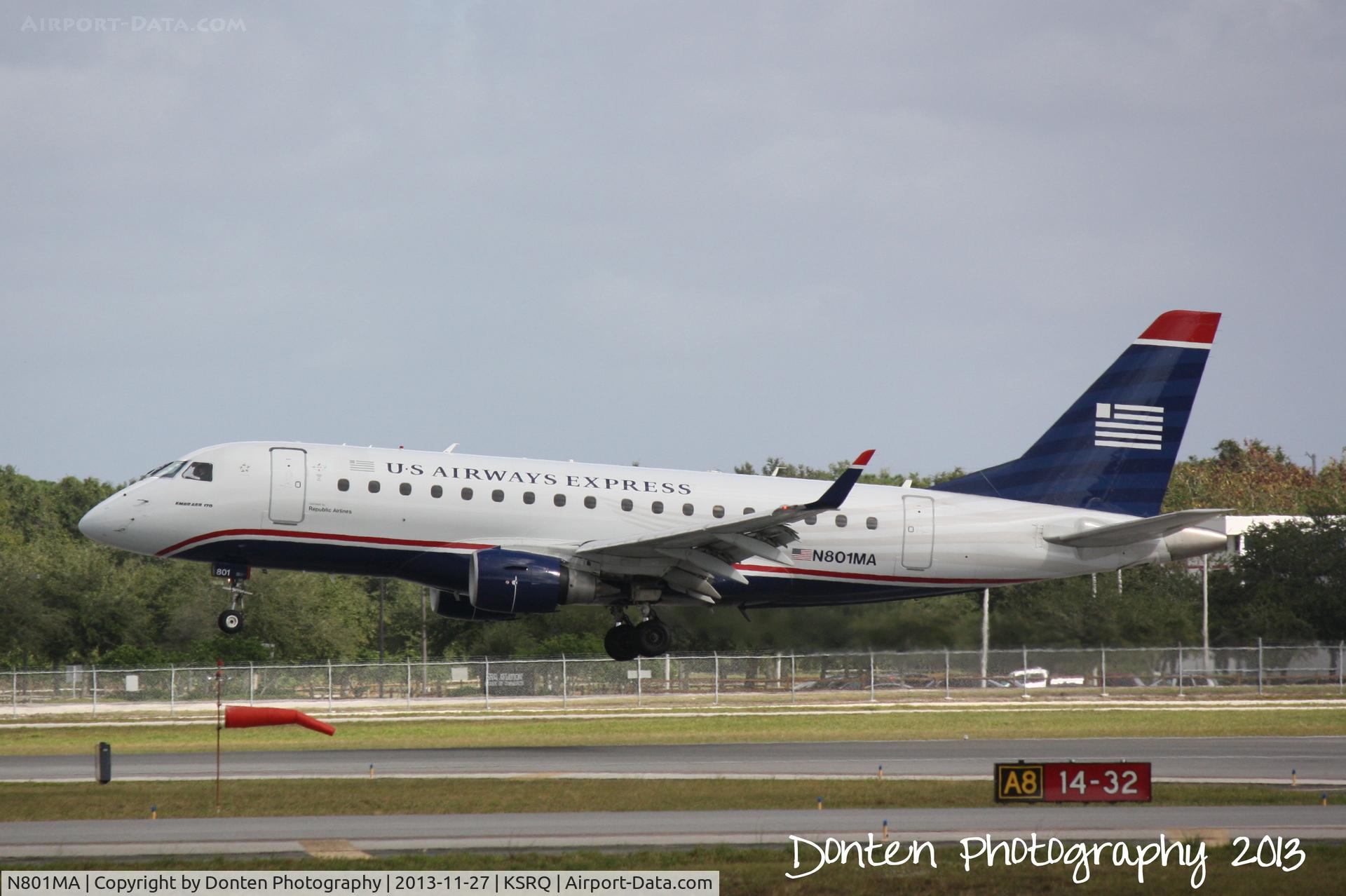 N801MA, 2004 Embraer 170SU (ERJ-170-100SU) C/N 17000012, US Air Flight 3346 operated by Republic (N801MA) arrives at Sarasota-Bradenton International Airport following a flight from Reagan National Airport
