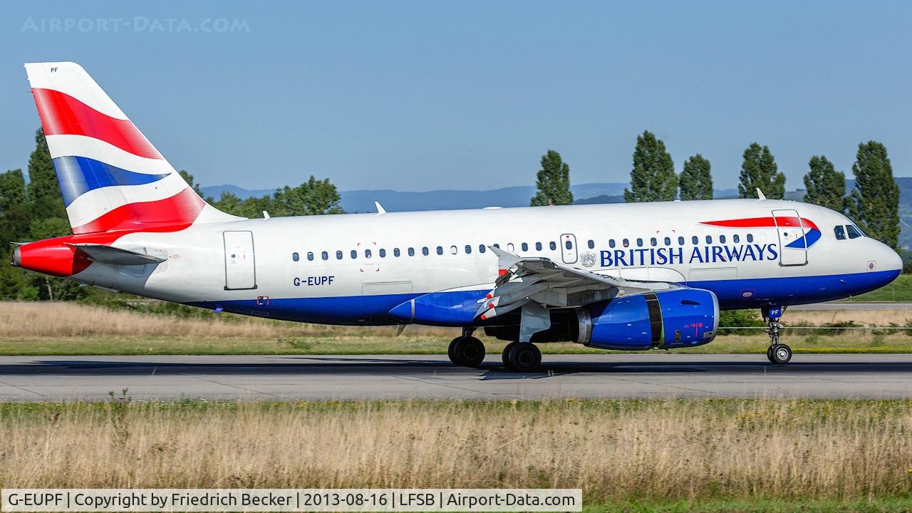 G-EUPF, 2000 Airbus A319-131 C/N 1197, decelerating after touchdown at Basel