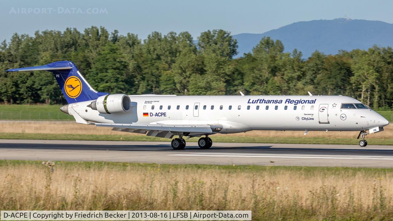 D-ACPE, 2001 Bombardier CRJ-701ER (CL-600-2C10) Regional Jet C/N 10027, decelerating after touchdown at Basel