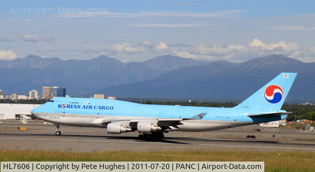 HL7606, 1989 Boeing 747-4B5-F C/N 24199, HL7606 Boeing 747 departing Anchorage AK 20 July 2011