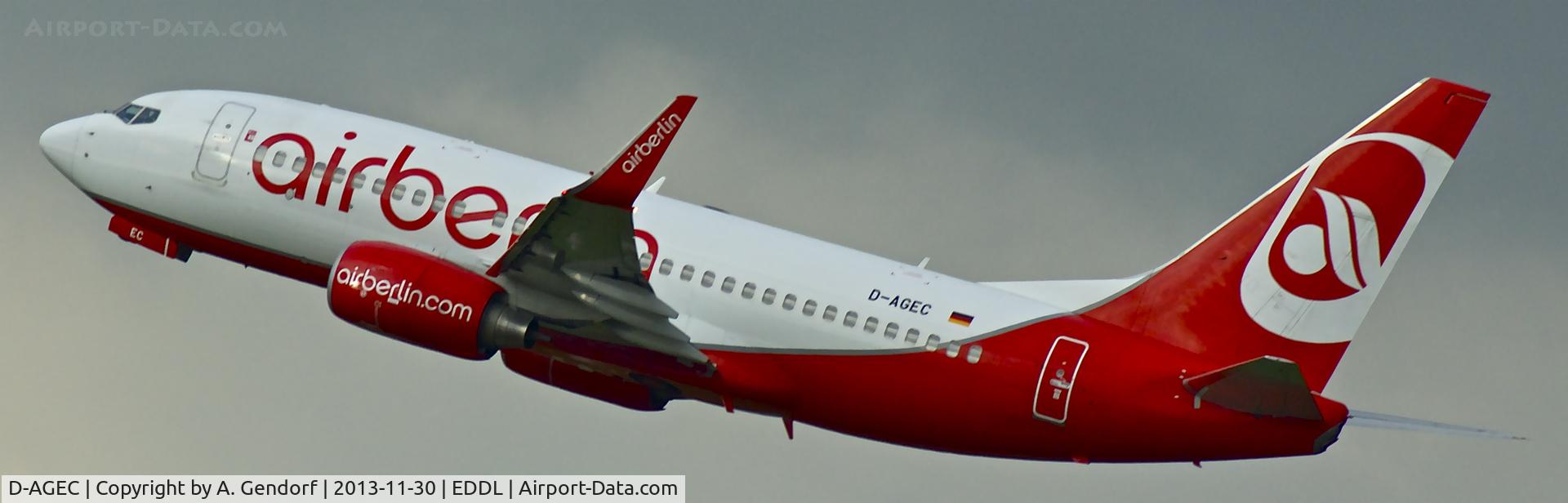 D-AGEC, 2009 Boeing 737-76J C/N 36118, Germania (Air Berlin cs.), is climbing out at Düsseldorf Int´l(EDDL)
