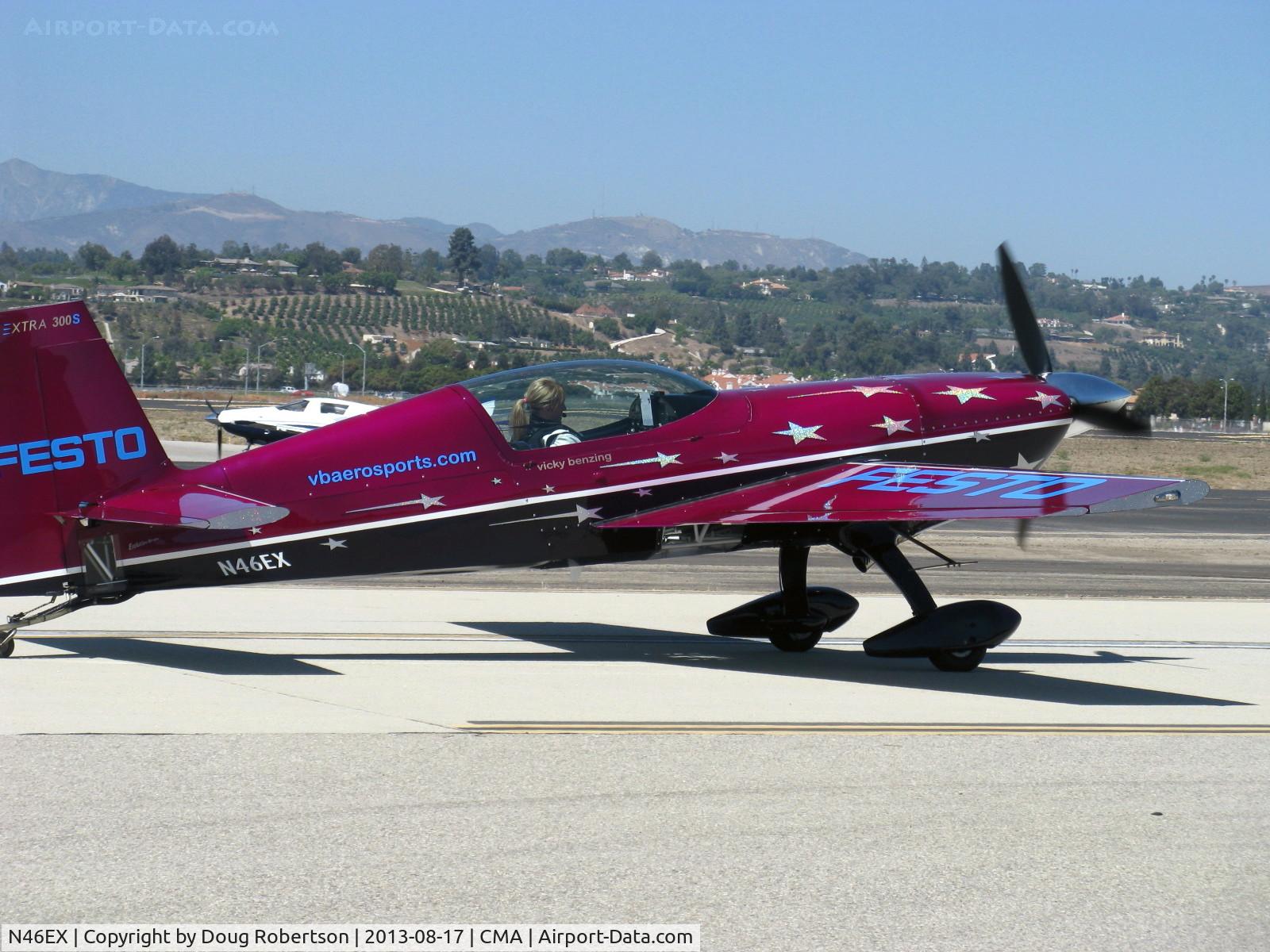 N46EX, 1993 Extra EA-300S C/N 014, 1993 Extra Flugzeugbau Gmbh EXTRA EA 300/S, Lycoming AEIO-540 300 Hp, short wing version fully aerobatic, Pilot-Vicki Benzing, taxi after landing