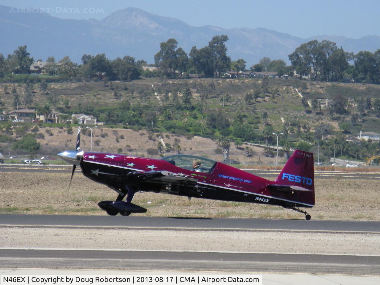 N46EX, 1993 Extra EA-300S C/N 014, 1993 Extra Flugzeugbau Gmbh EXTRA EA300/S short wing version, Lycoming AEIO-540 300 Hp, Vicki Benzing-pilot, taxi to Rwy 26 for fast low level extreme aerobatics show. Experimental class production aircraft.