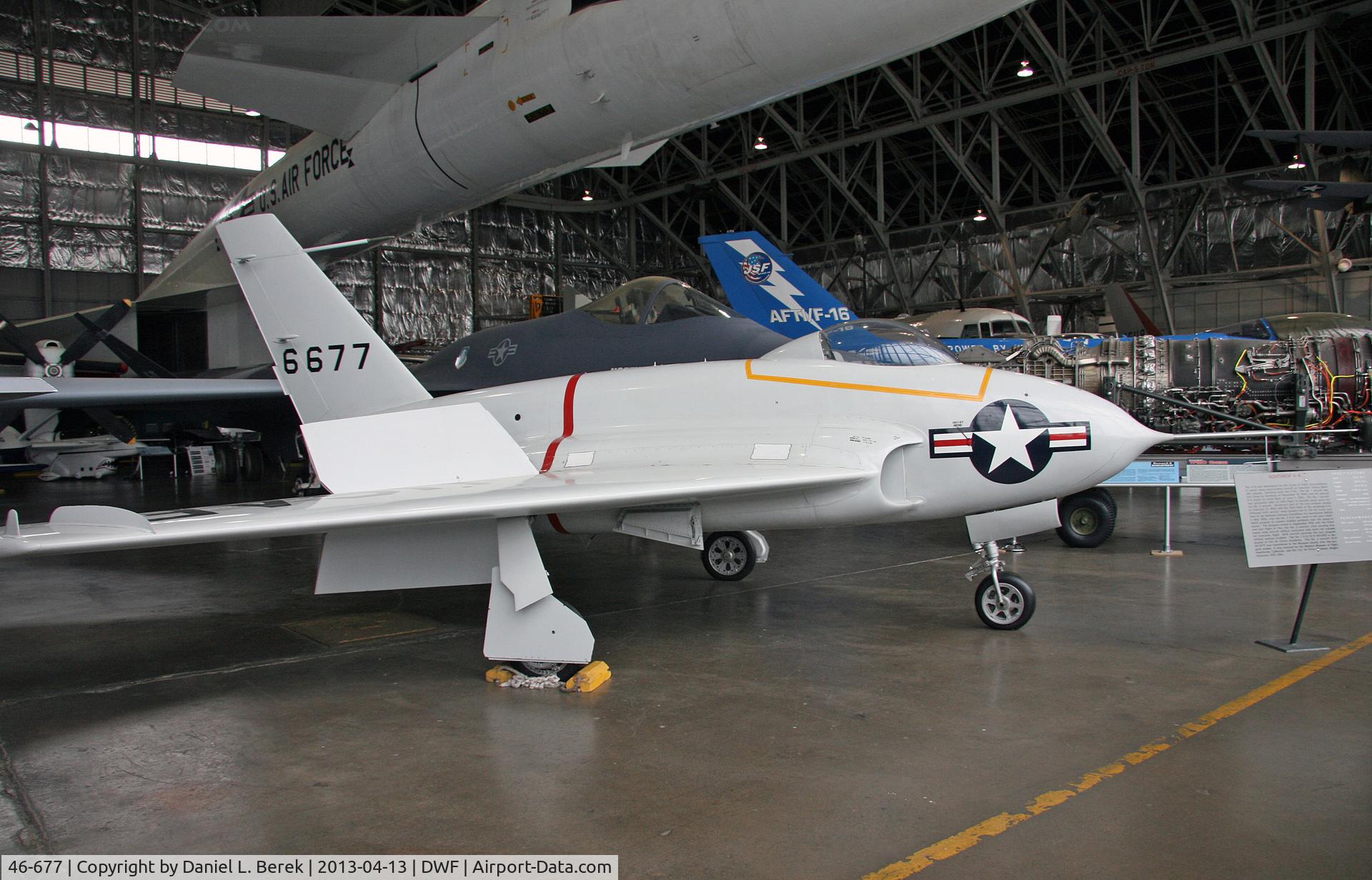 46-677, 1946 Northrop X-4 Bantam C/N Not found (46-677), The X-4 was developed for the study of flight characteristics of swept wing semi-tailless aircraft at transonic speeds (about Mach .85).