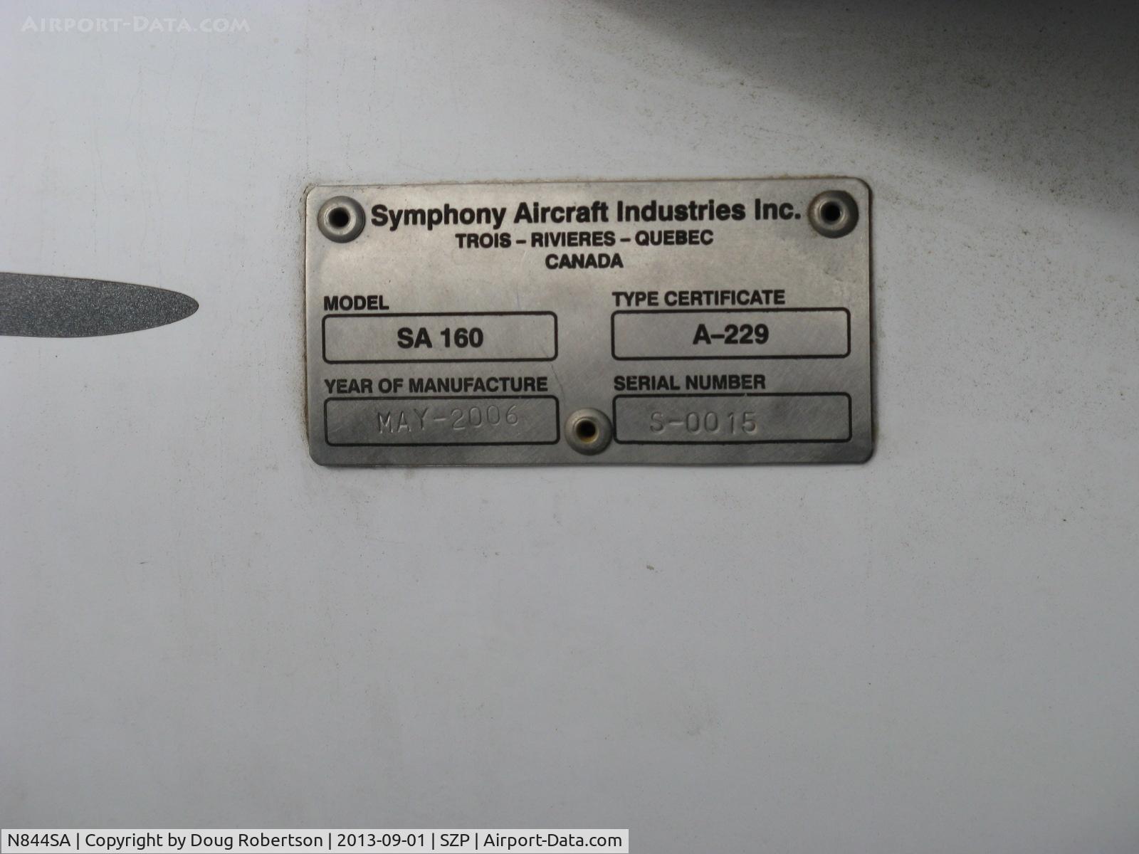 N844SA, 2006 Symphony SA-160 C/N S-0015, 2006 Symphony Aircraft Inds. SA-160 SYMPHONY, Lycoming O-320-D2A 160 Hp, manufacturer data plate