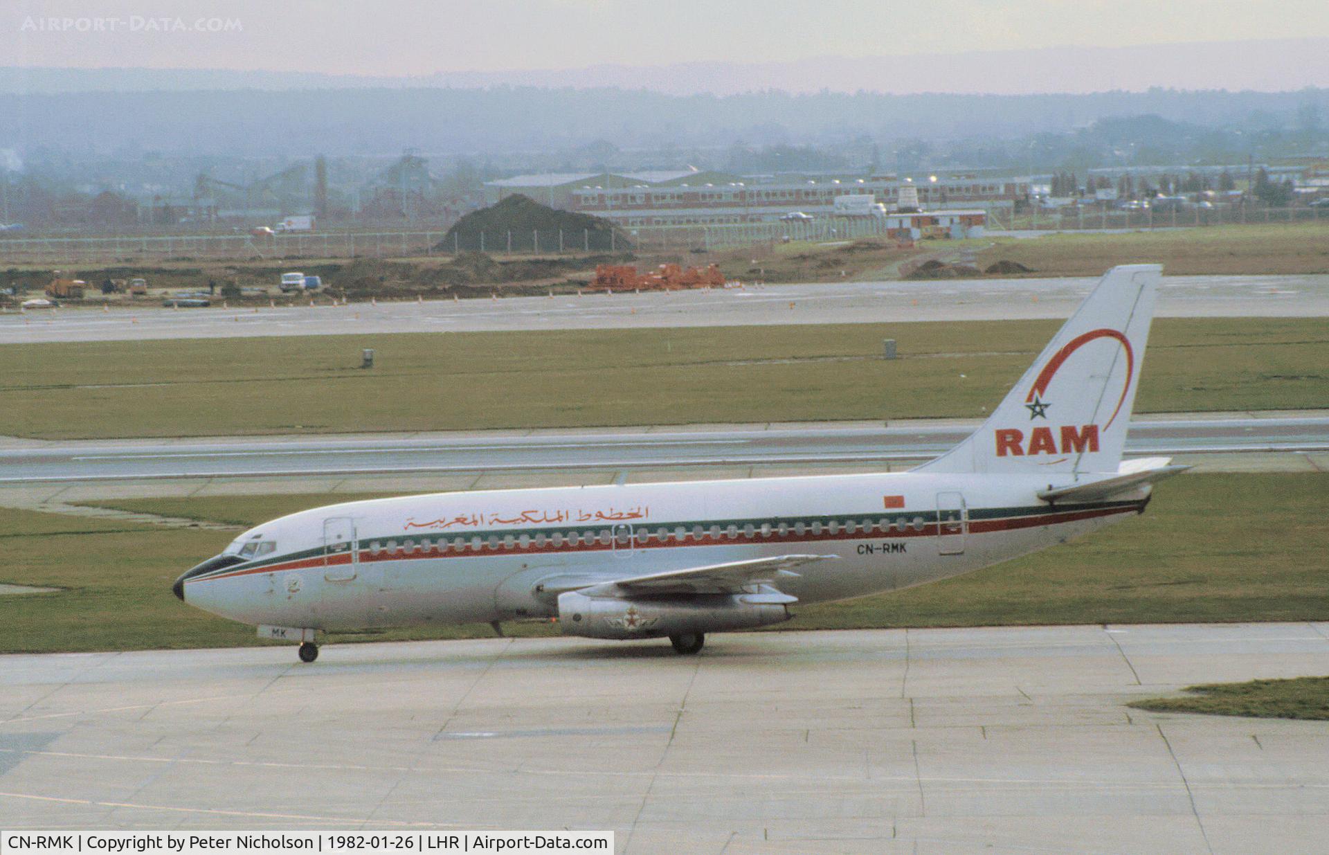 CN-RMK, 1976 Boeing 737-2B6 C/N 21216, Boeing 737-2B6 of Royal Air Maroc as seen at Heathrow in January 1982.