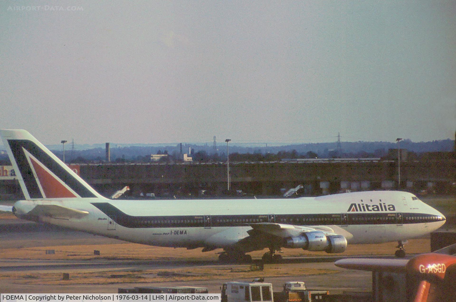 I-DEMA, 1970 Boeing 747-143 C/N 19729, Boeing 747-143 of Alitalia as seen at Heathrow in the Spring of 1976.