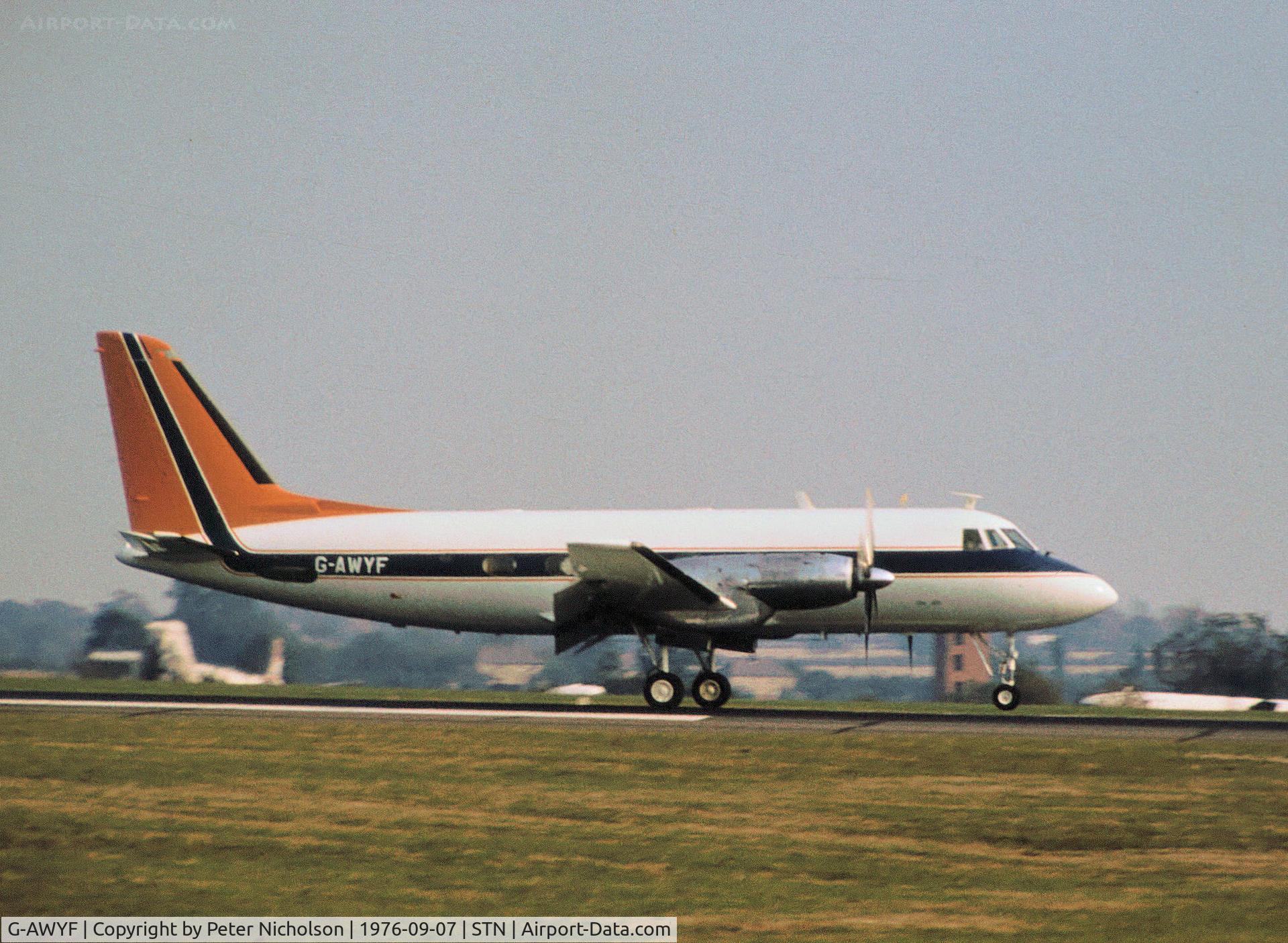 G-AWYF, 1960 Grumman G-159 Gulfstream 1 C/N 0048, Gulfstream I of the Ford Motor Company seen at Stansted in September 1976.