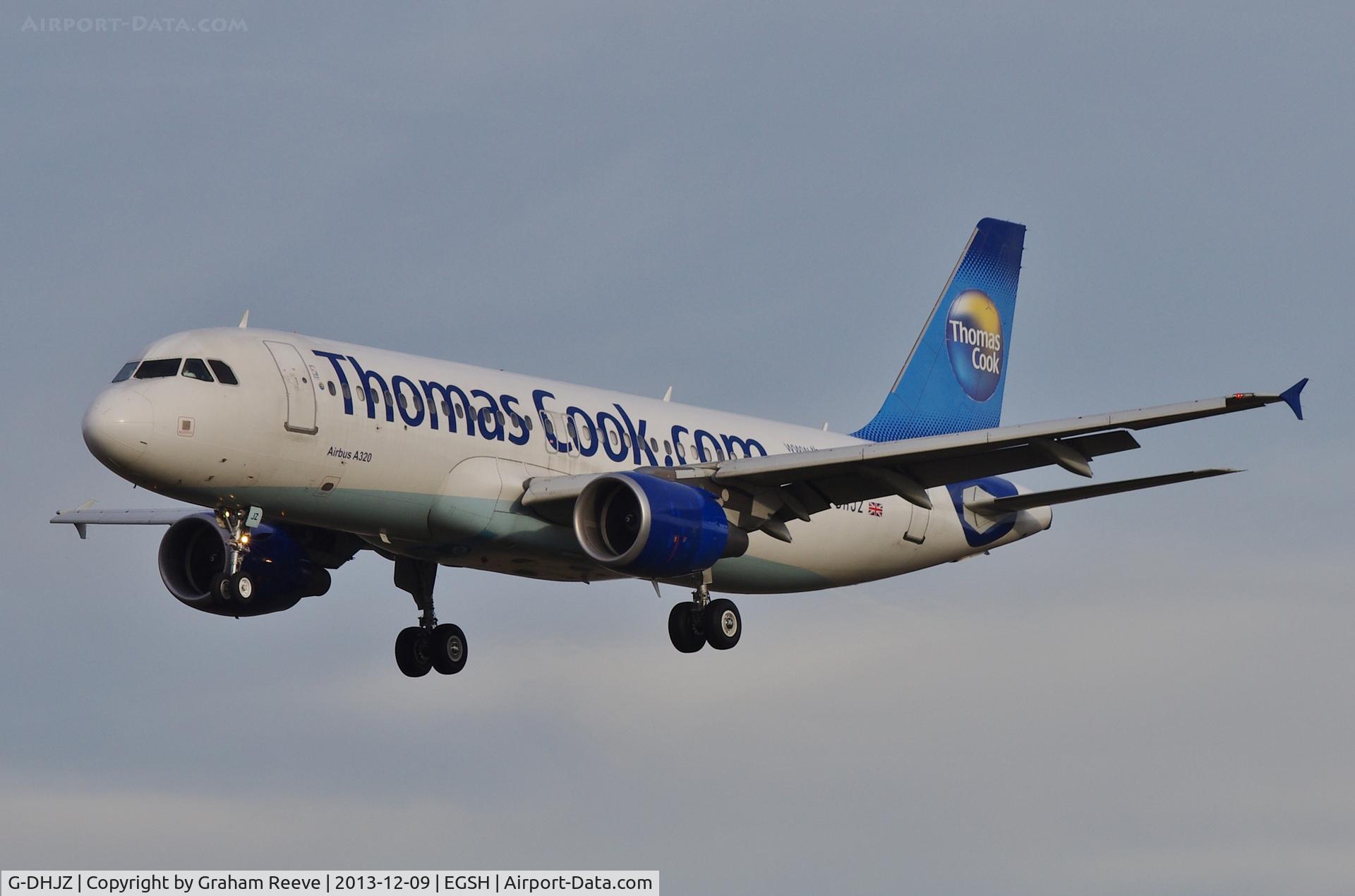 G-DHJZ, 2003 Airbus A320-214 C/N 1965, About to land at Norwich for a visit to the paint shop.