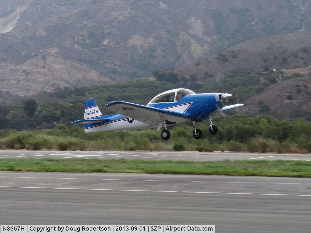 N8667H, 1947 North American Navion C/N NAV-4-667, 1947 North American NAVION, Continental IO-520 285 Hp upgrade, takeoff climb Rwy 22, Young Eagles flight