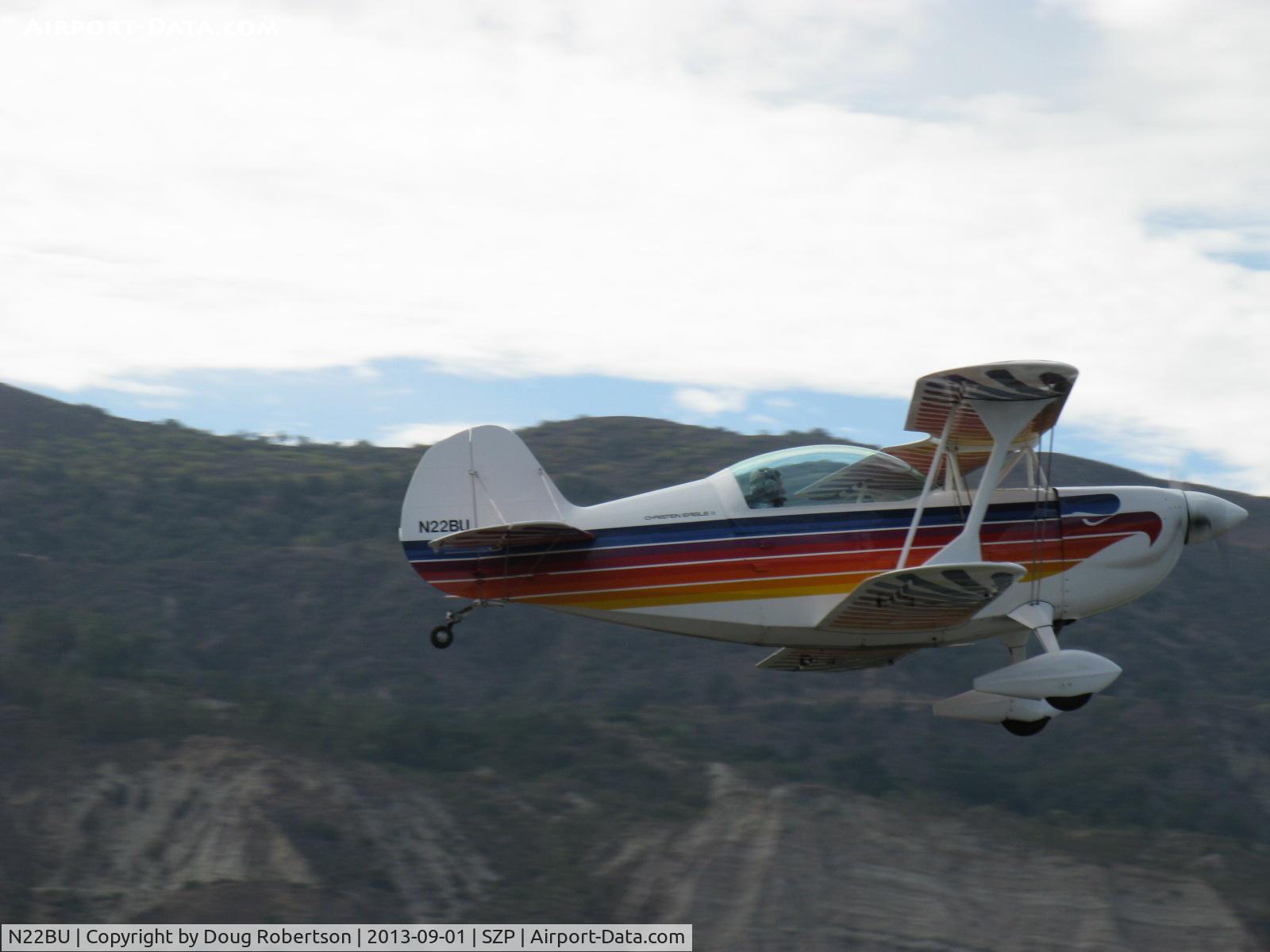 N22BU, 1987 Christen Eagle II C/N BRUNER 0001, 1987 Bruner/Ulmer CHRISTEN EAGLE II, Lycoming AEIO-360 180 Hp, full inverted systems, Experimental class biplane, takeoff climb Rwy 22