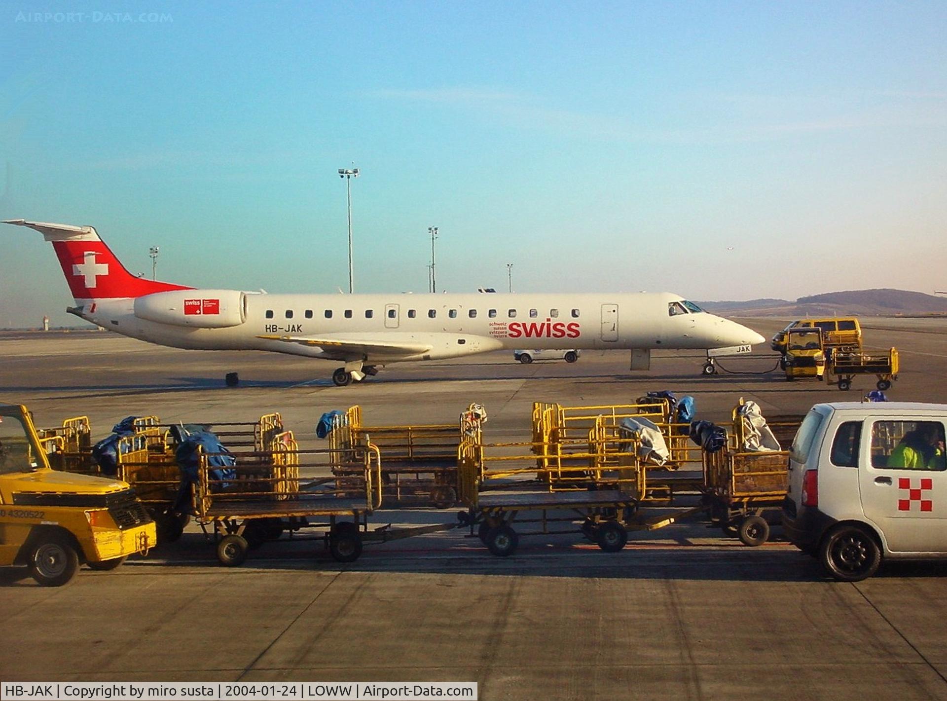 HB-JAK, 2001 Embraer EMB-145LU (ERJ-145LU) C/N 145387, Swiss Airlines Embraer EMB-145LU docked at Vienna-Schwechat International Airport.