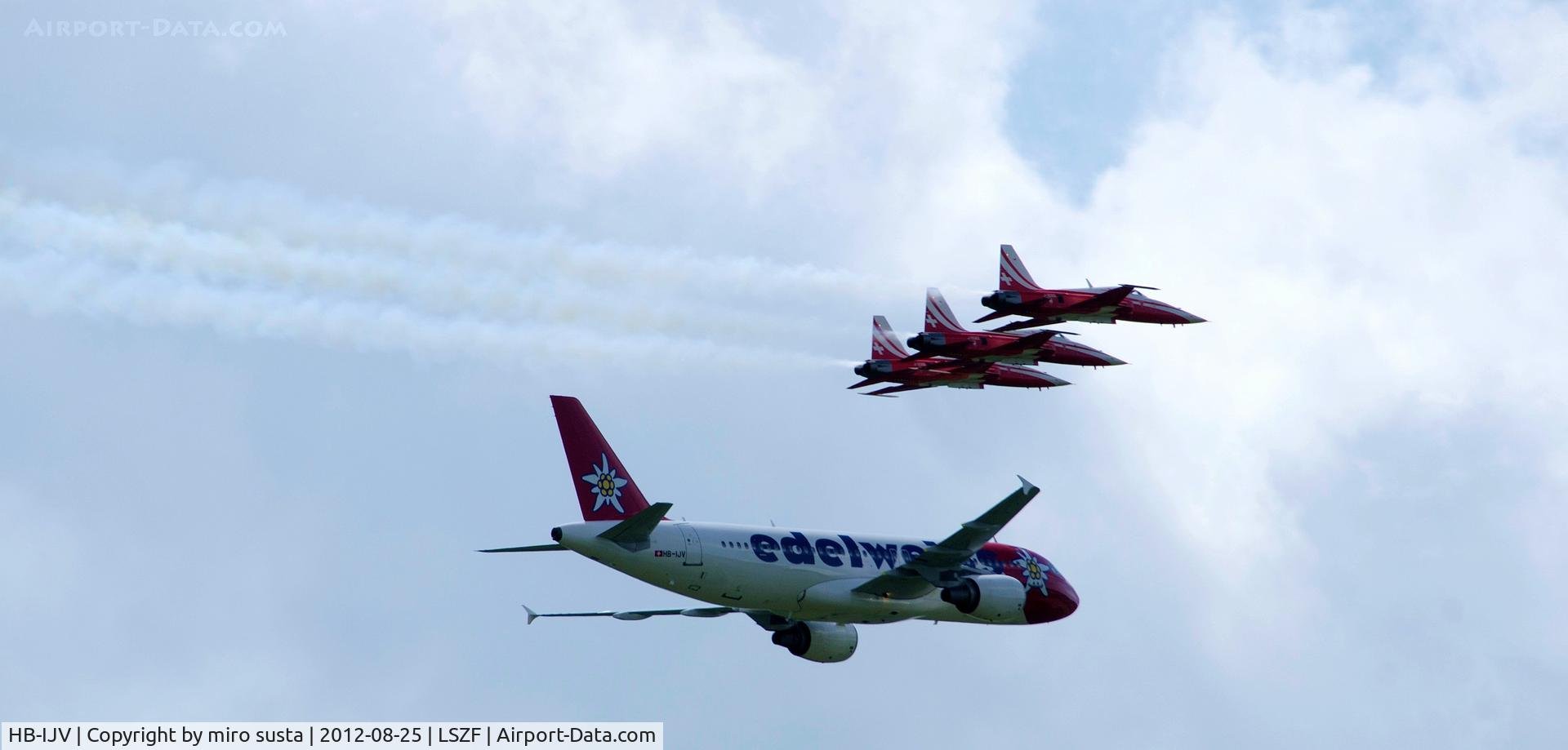 HB-IJV, 2003 Airbus A320-214 C/N 2024, Edelweiss Airlines Airbus A320 with company of Swiss Patrol airplanes during air-show at Birrfeld airfield in Switzerland.