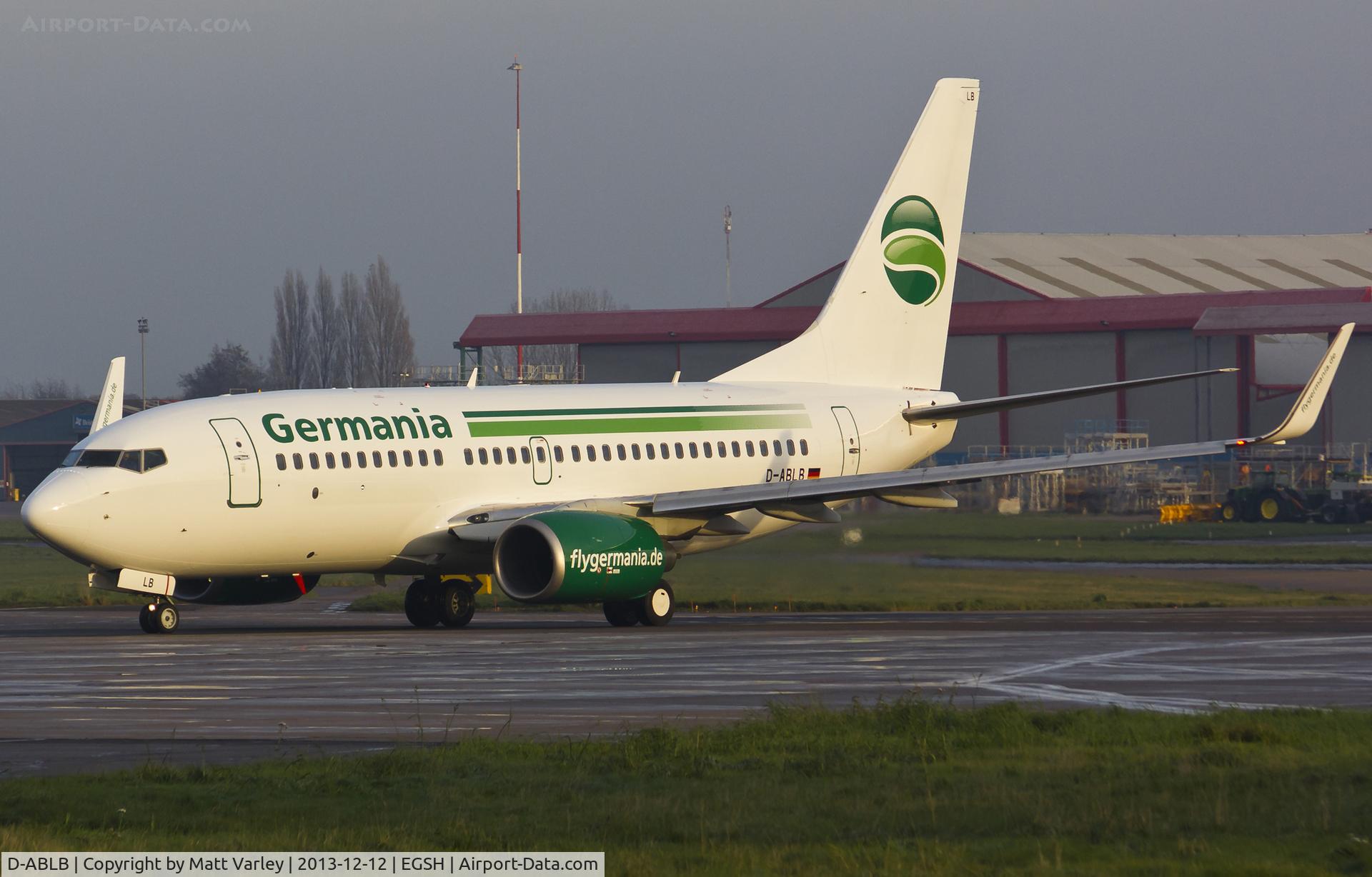 D-ABLB, 2008 Boeing 737-76J C/N 36115, Taxiing for departure in the low winter sun after spray into Germania C/S...