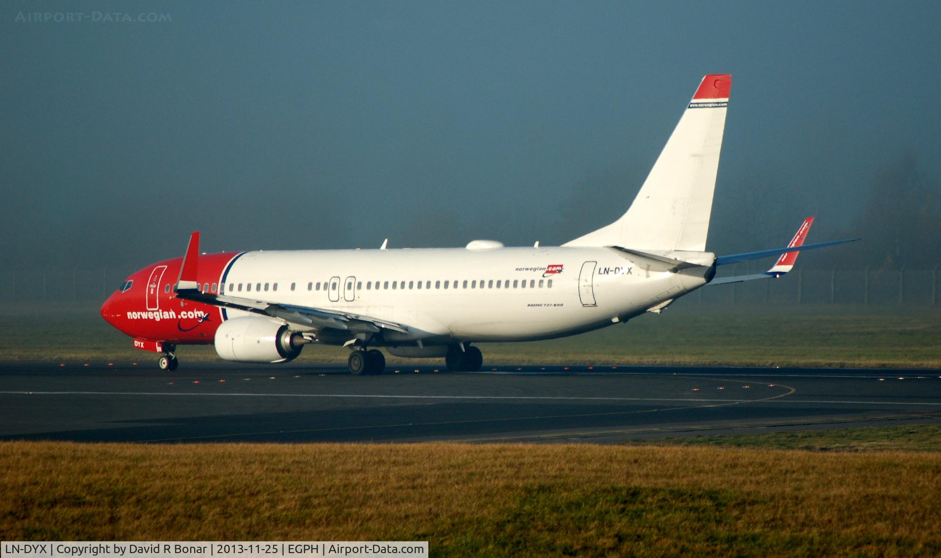 LN-DYX, 2012 Boeing 737-8JP C/N 39011, Norwegian Air Shuttle (NX3503) departing Edinburgh in a light winter fog bound for Copenhagen.
