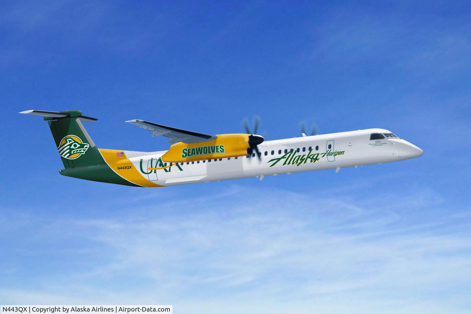 N443QX, 2010 Bombardier DHC-8-402 Dash 8 C/N 4353, Repainted by Alaska/Horizon for University of Alaska Anchorage in preparation for transfer to Alaska to fly Anchorage-Fairbanks, and Anchorage-Kodiak routes.