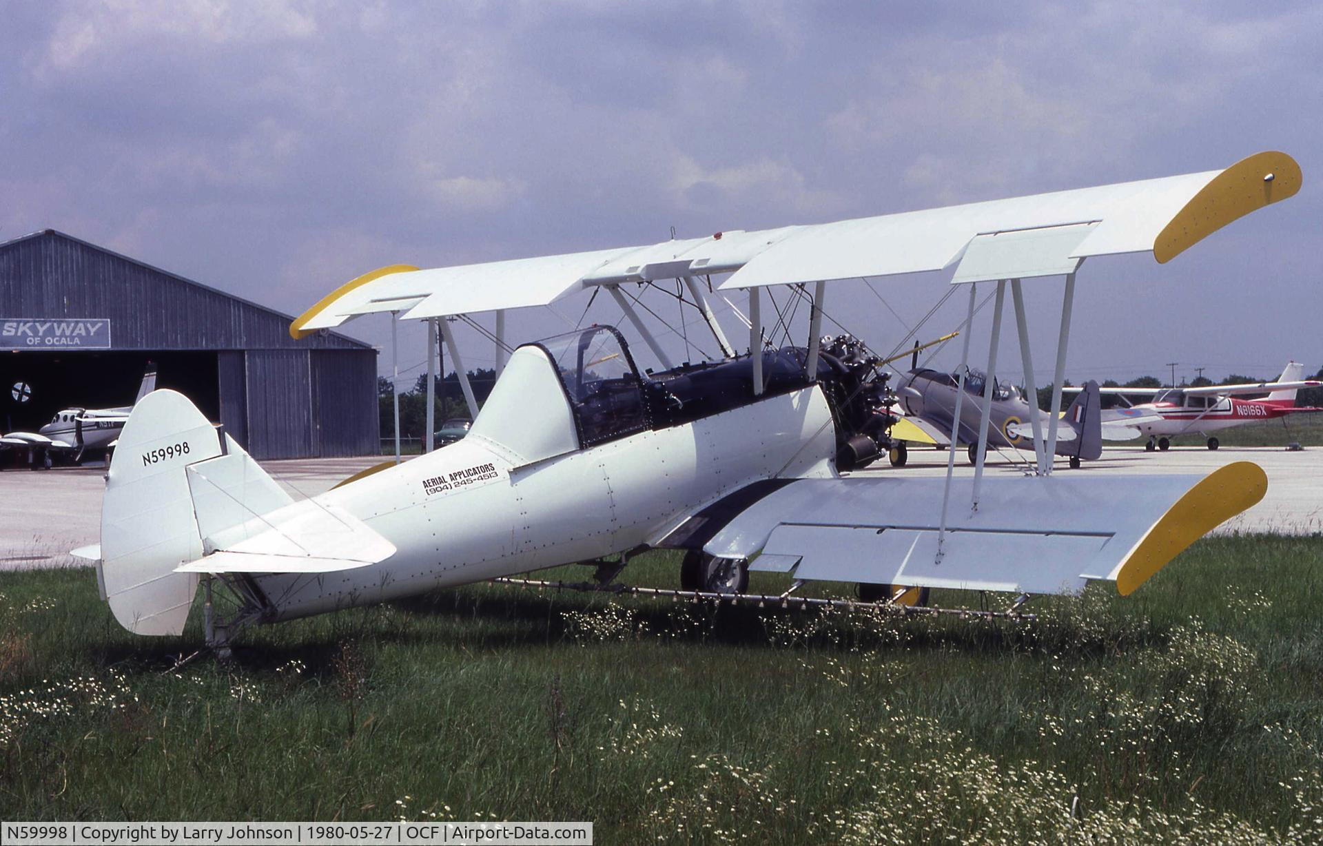 N59998, 1942 Boeing A75N1(PT17) C/N 75-3940, This sprayer has longer struts raising the upper wings.  It's missing it's prop in this shot.
