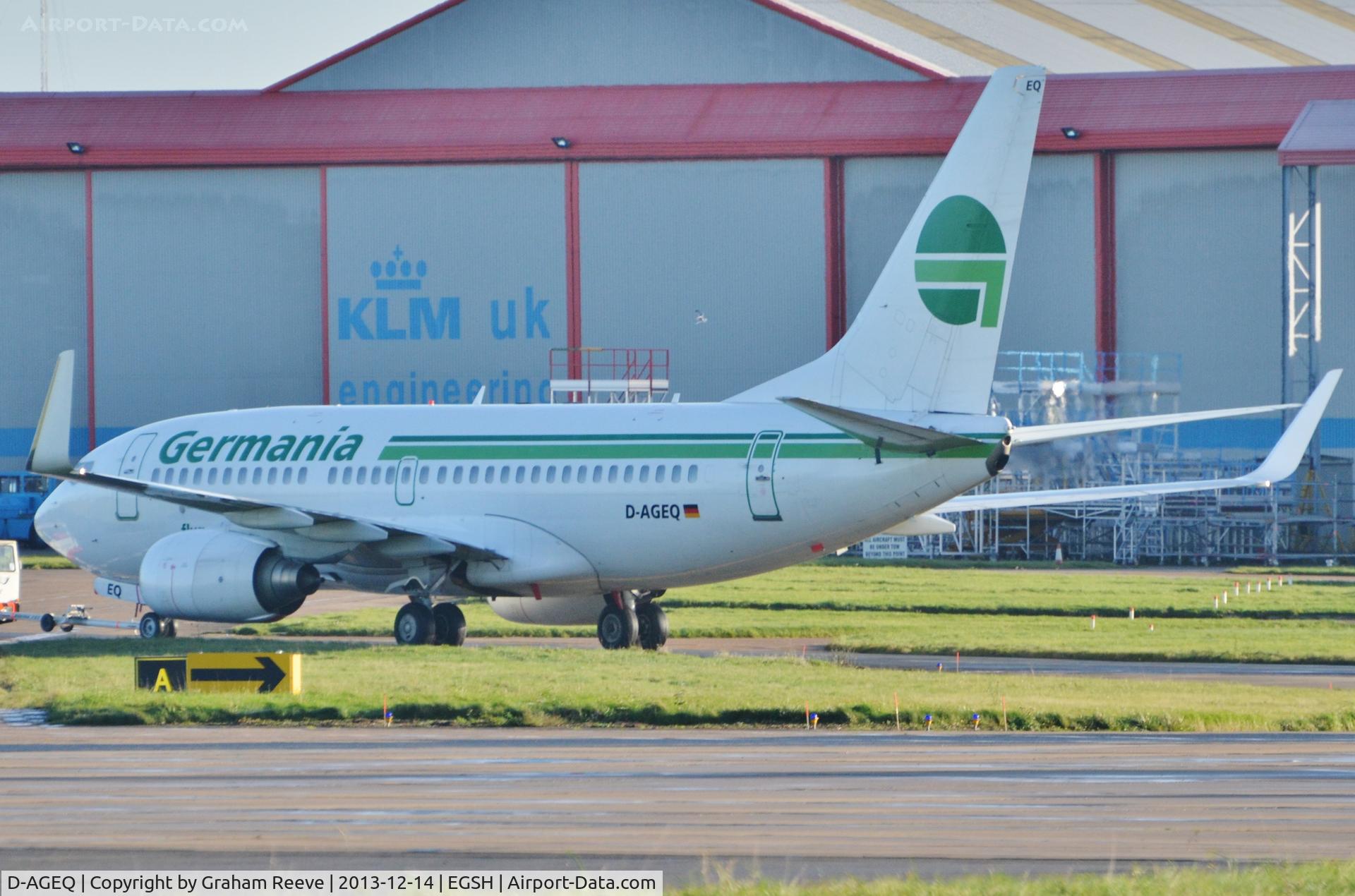 D-AGEQ, 1998 Boeing 737-75B C/N 28103, Under tow at Norwich.