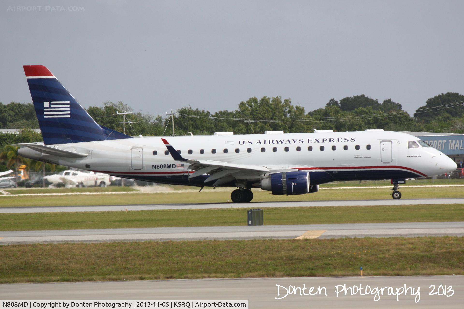 N808MD, 2004 Embraer 170SU (ERJ-170-100SU) C/N 17000021, US Air Flight 3346 operated by Republic (N808MD) arrives at Sarasota-Bradenton International Airport following a flight from Washington National