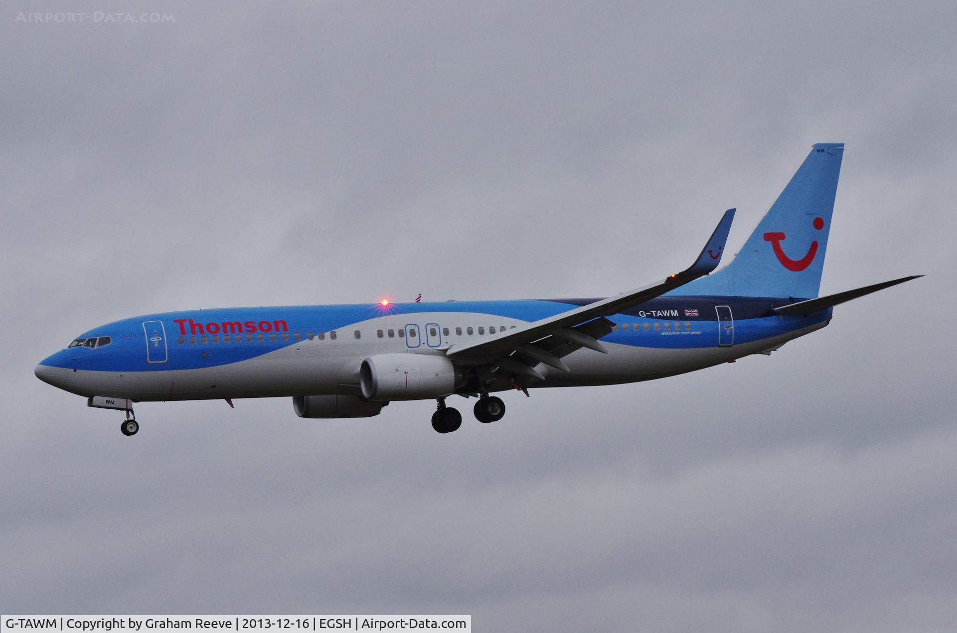 G-TAWM, 2013 Boeing 737-8K5 C/N 37249, About to land on runway 27.