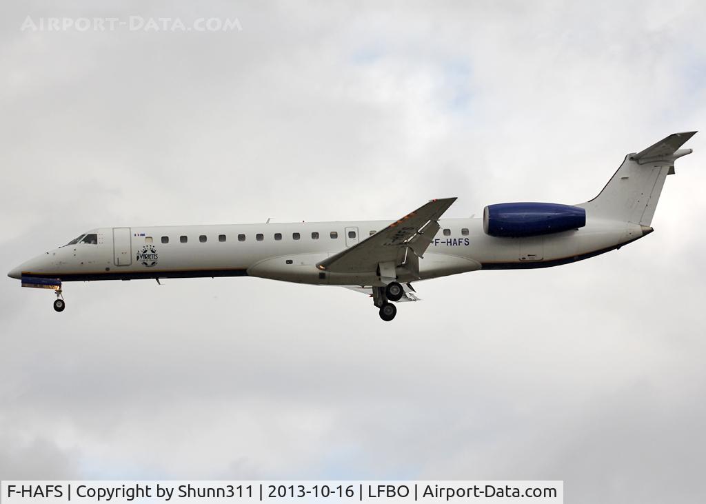 F-HAFS, 1999 Embraer EMB-145EU (ERJ-145EU) C/N 145177, Landing rwy 32L with additional special 45th anniversary of the Variete Club de France logo only on left side