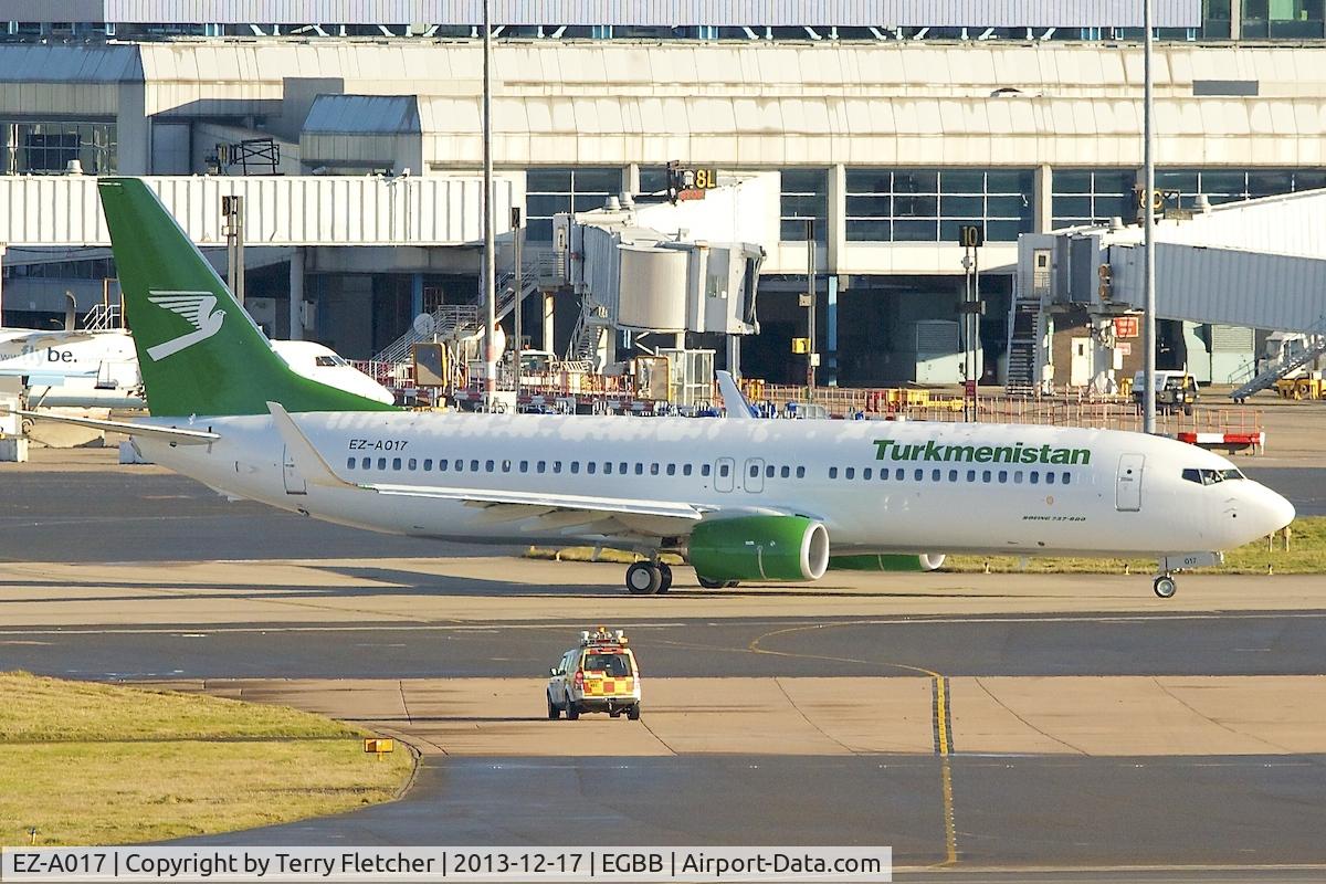 EZ-A017, 2013 Boeing 737-82K C/N 43863, Turkmenistan Airlines's 2013 Boeing 737-82K, c/n: 43863 - starts the final leg of its delivery flight - as it taxies out at Birmingham