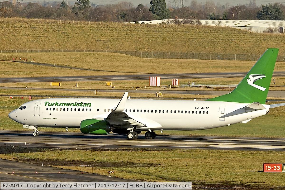 EZ-A017, 2013 Boeing 737-82K C/N 43863, Turkmenistan Airlines's 2013 Boeing 737-82K, c/n: 43863 - starts the final leg of its delivery flight - as it prepares to lift off from Birmingham