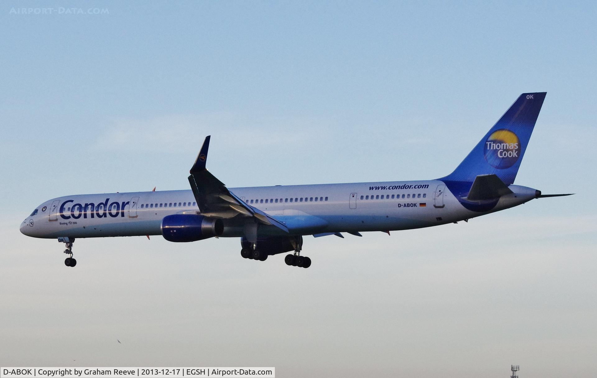 D-ABOK, 2000 Boeing 757-330 C/N 29020, Landing at Norwich.