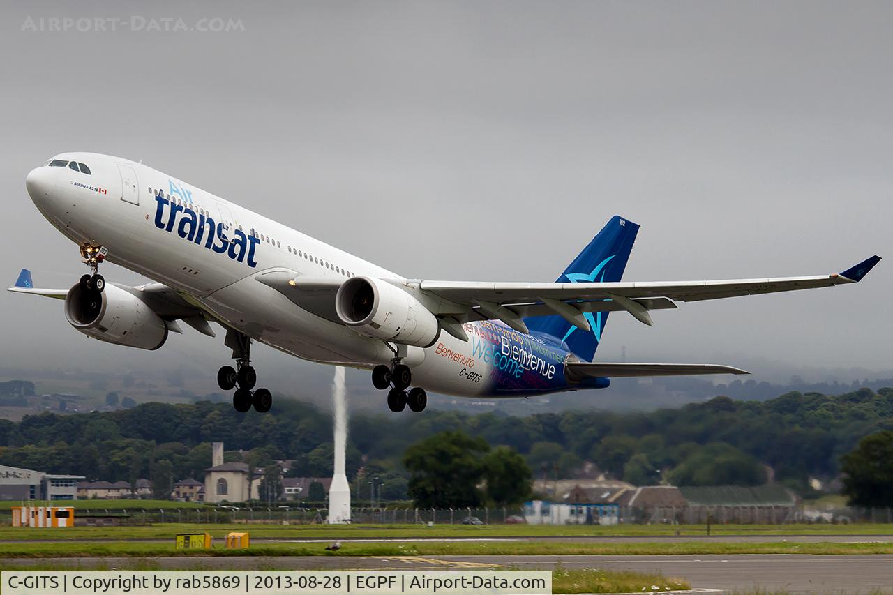 C-GITS, 1999 Airbus A330-243 C/N 0271, Air Transat Departing a dull Glasgow International Airport on August 28th 2013