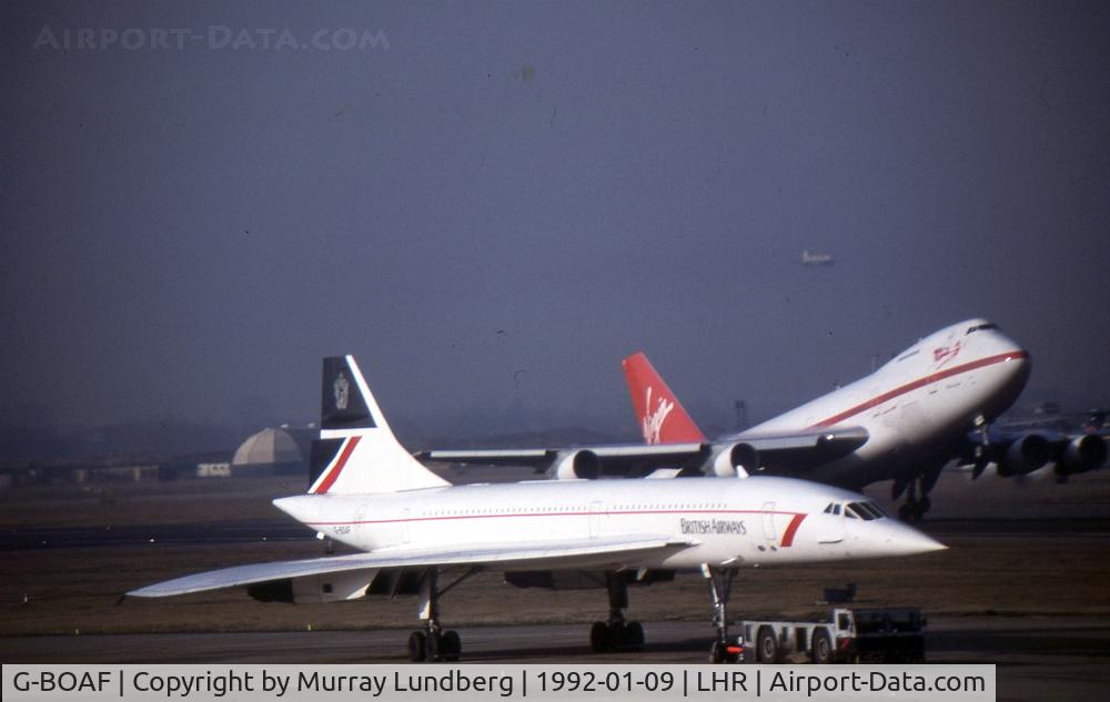 G-BOAF, 1979 Aerospatiale-BAC Concorde 1-102 C/N 100-016, Being tugged at LHR in January 1992.