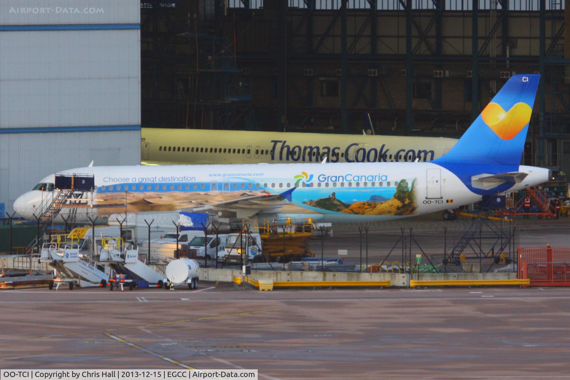 OO-TCI, 2003 Airbus A320-214 C/N 1975, Thomas Cook Belgium in Gran Canaria livery parked at the rear of the Thomas Cook hangar