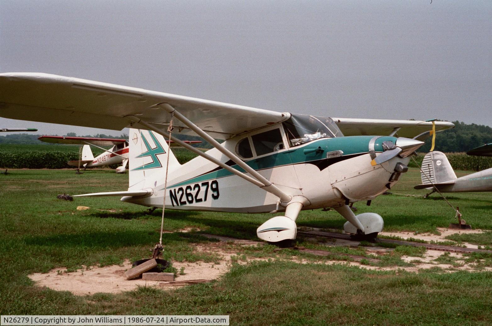 N26279, 1940 Stinson 10 C/N 7560, Photo taken at a small RLA airport south of Lebanon, IL.  I remember it was a 101F hot & humid day when I took this picture.