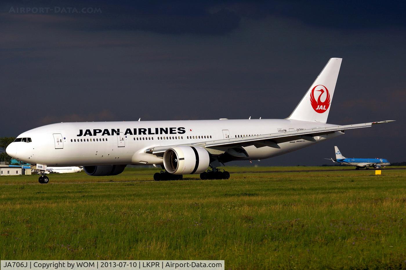 JA706J, 2003 Boeing 777-246/ER C/N 33394, Charter landing after evening storm. New color scheme.