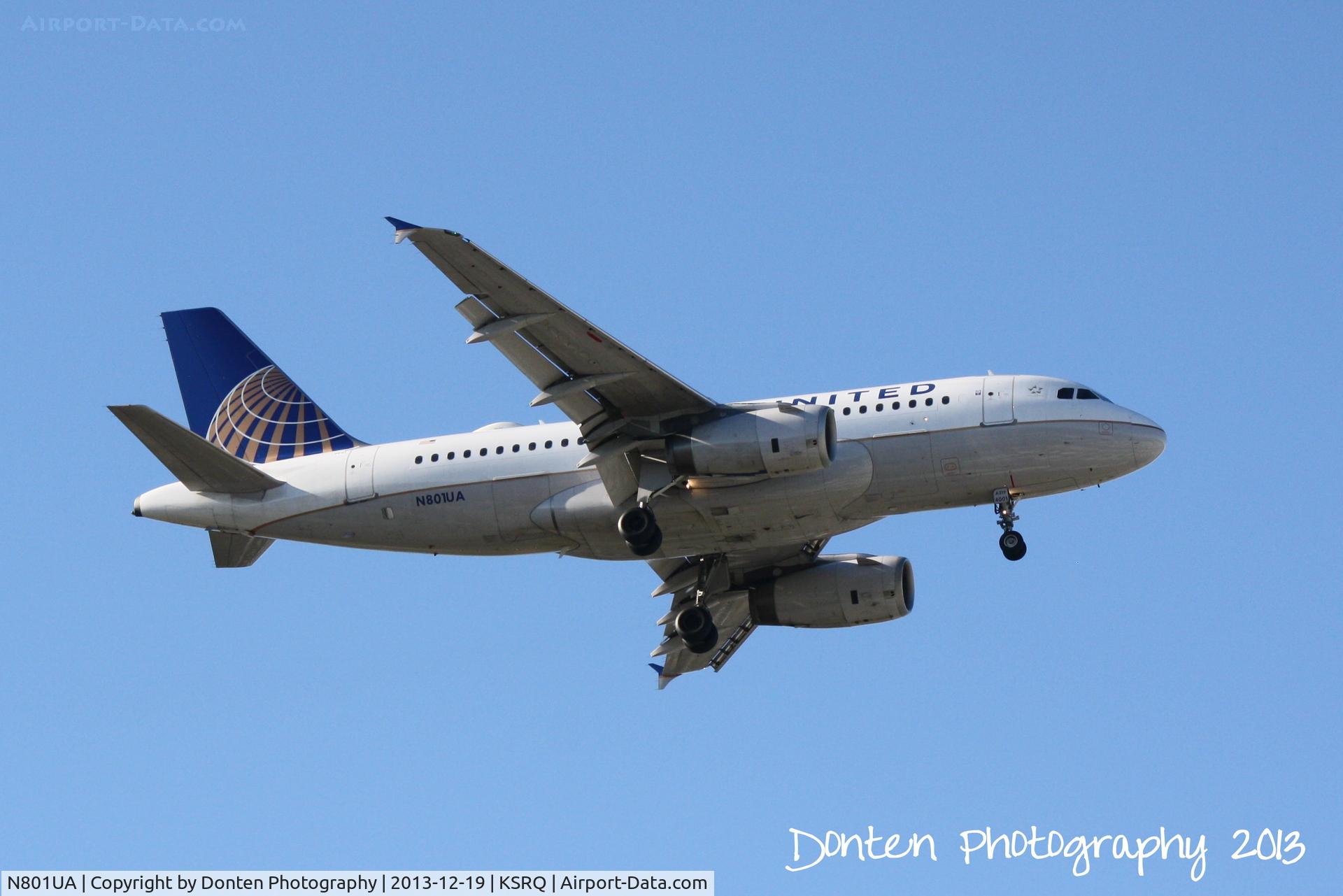 N801UA, 1997 Airbus A319-131 C/N 686, United Flight 833 (N801UA) on approach to Sarasota-Bradenton International Airport following a flight from Chicago-O'Hare International Airport