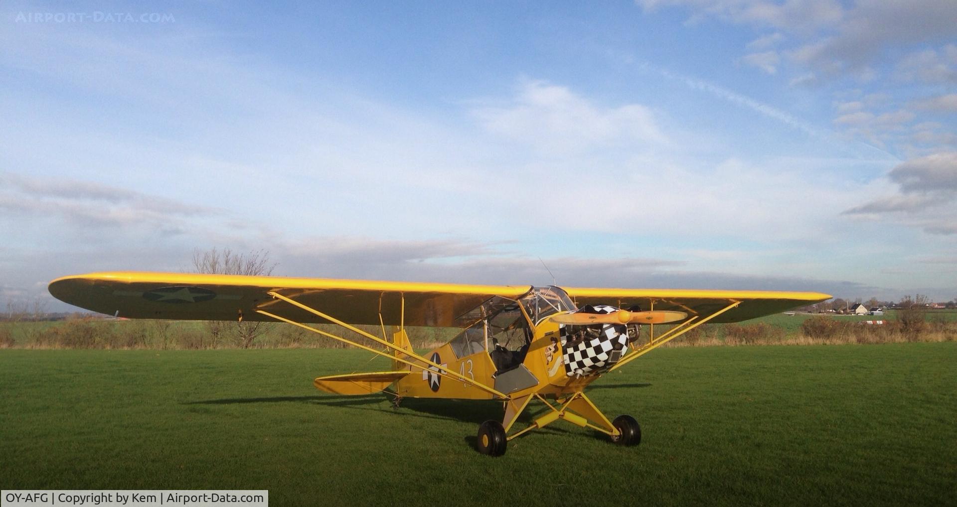 OY-AFG, 1943 Piper L-4H Grasshopper (J3C-65D) C/N 10858, My little warbird from 1943 which has an exciting past, from North Africa, Anzio, and France;-) 
The plane's mechanical and cosmetic condition is perfect.
I'm going to start grinding and dividing the plane ad so it will be clear to get the authentic col
