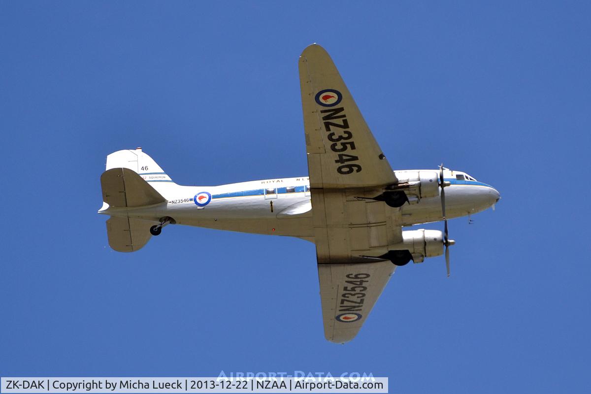 ZK-DAK, 1944 Douglas DC3C-S1C3G (C-47B) C/N 15035, Passing over Auckland Airport