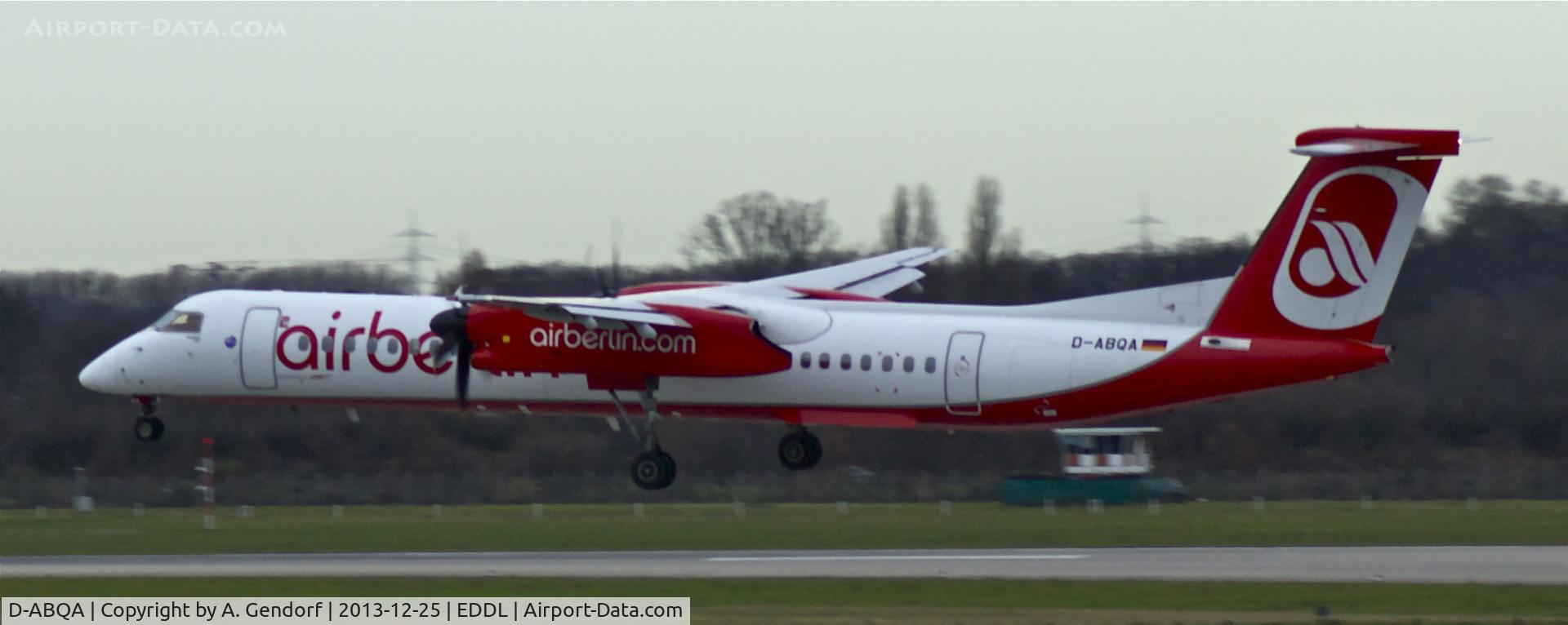 D-ABQA, 2008 De Havilland Canada DHC-8-402Q Dash 8 C/N 4223, Luftfahrtgesellschaft Walter (Air Berlin cs.), is here landing RWY 23L at Düsseldorf Int´l(EDDL)