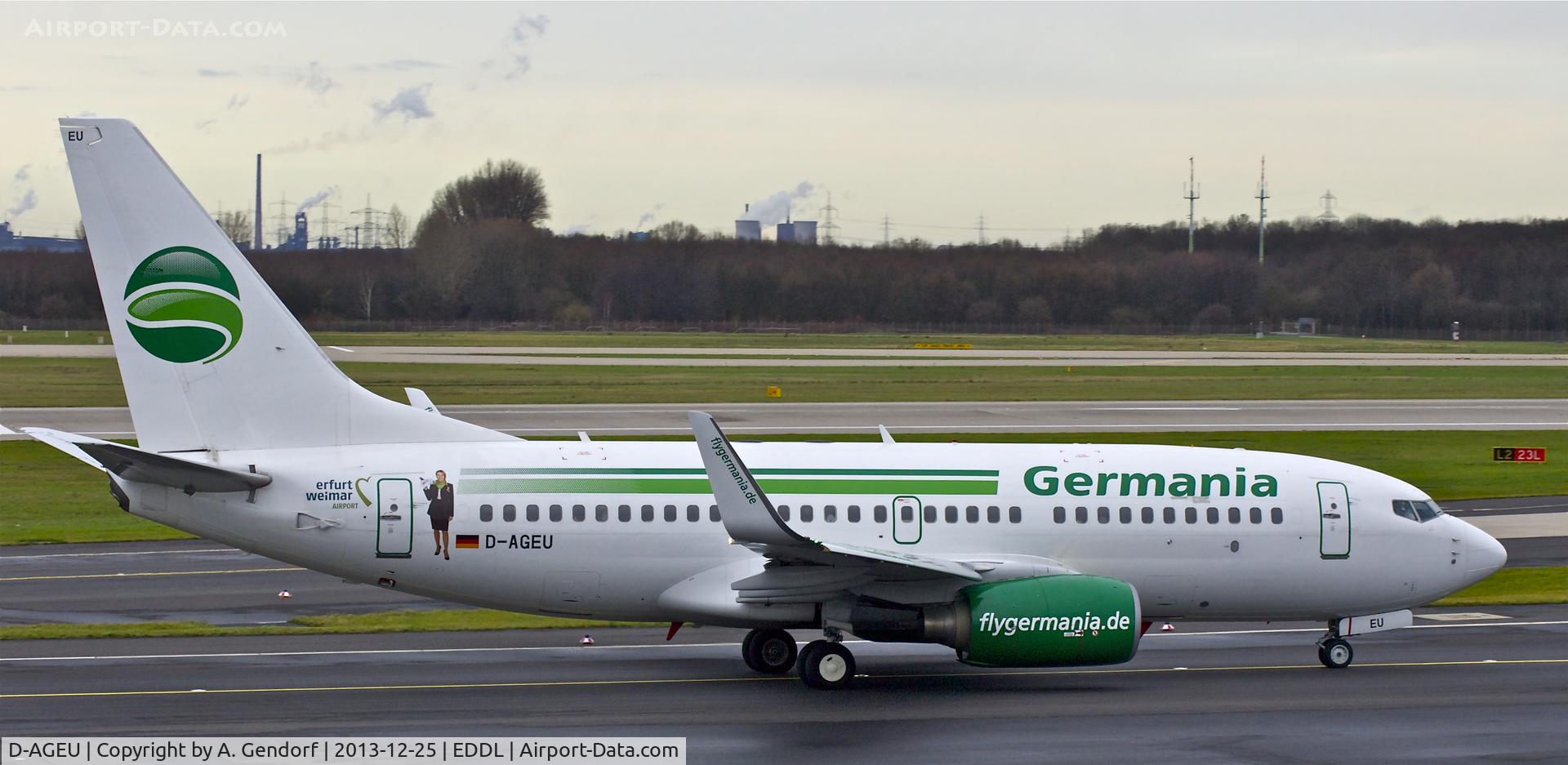 D-AGEU, 1998 Boeing 737-75B C/N 28104, Germania (Erfurt / Weimar Airport sticker), is here on taxiway M at Düsseldorf Int´l(EDDL)