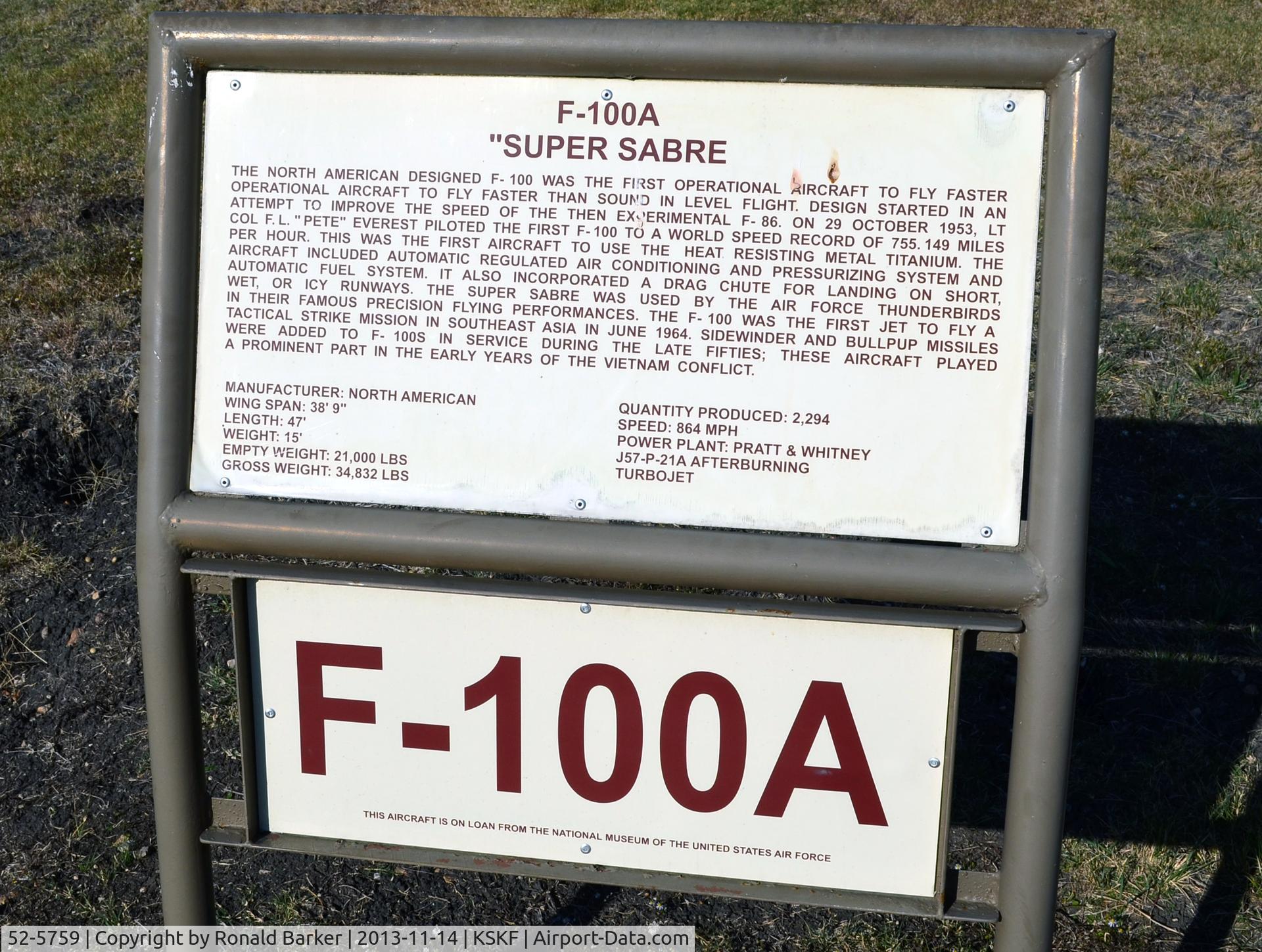 52-5759, 1952 North American F-100A Super Sabre C/N 192-4, Information marker, LMTC, TX