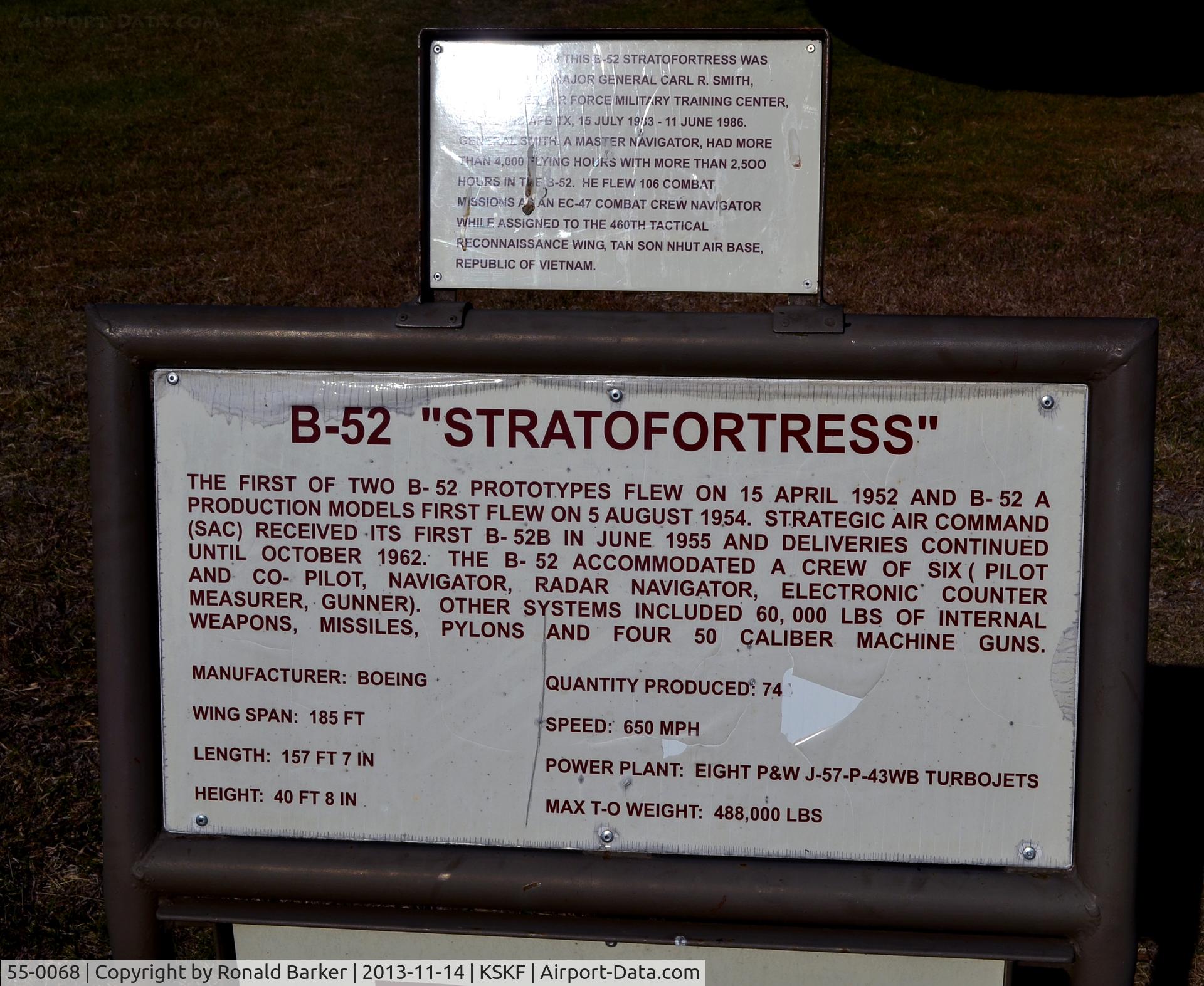 55-0068, 1955 Boeing B-52D-55-BO Stratofortress C/N 17184, Information marker, LMTC, TX