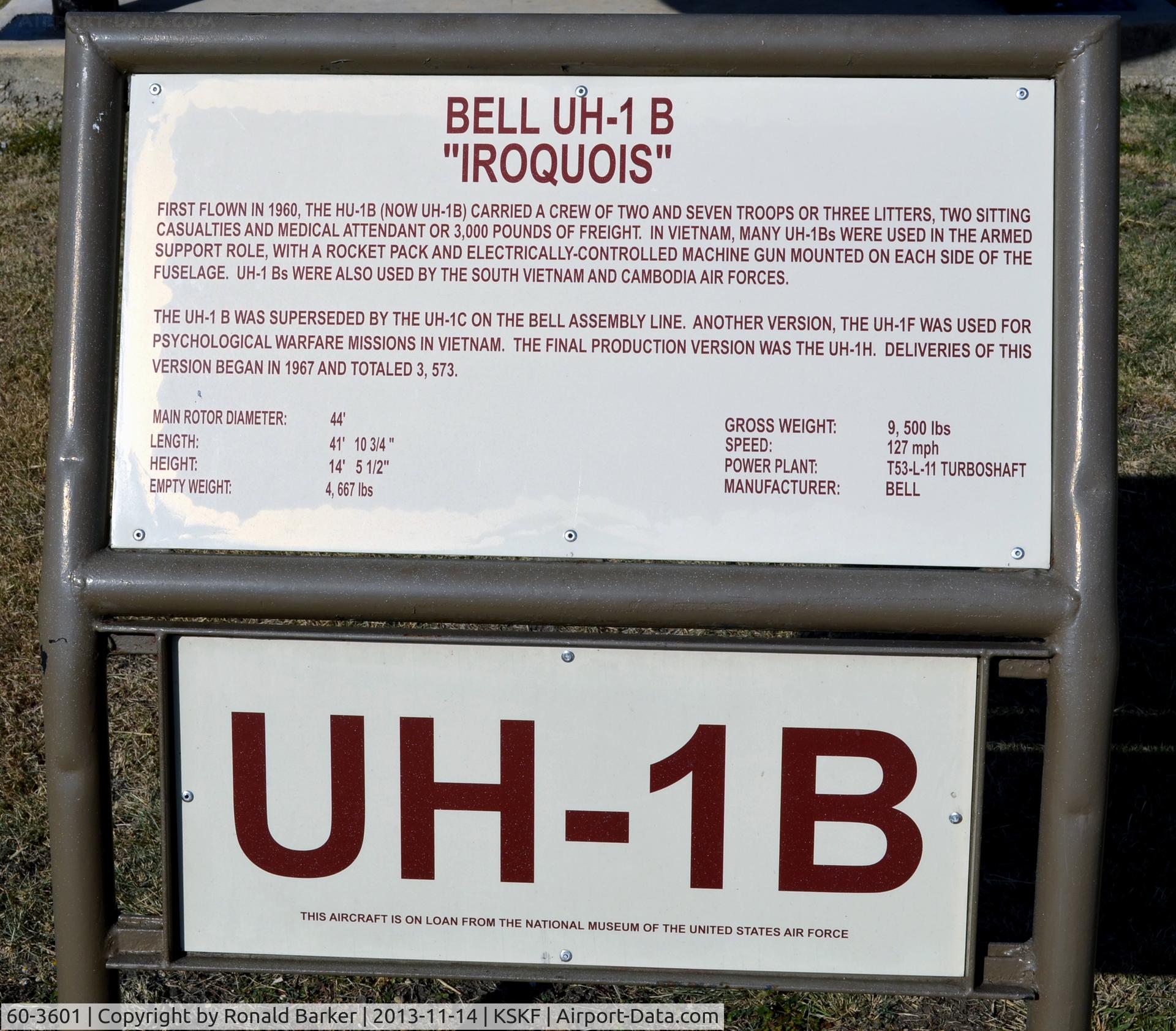 60-3601, 1960 Bell UH-1B-BF Iroquois C/N 247, Information marker for UH-1B, LMTC, TX