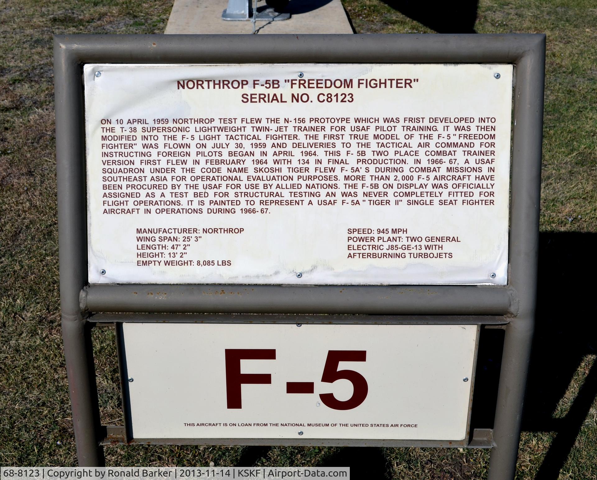 68-8123, 1968 Northrop T-38A Talon C/N T.6128, Information plate for an F-5B