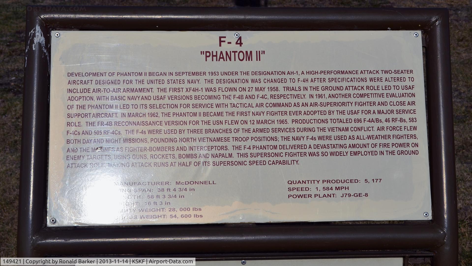 149421, McDonnell F-4B Phantom II C/N 138, Information plate for F-4D,  actual aircraft is USN F-4B
